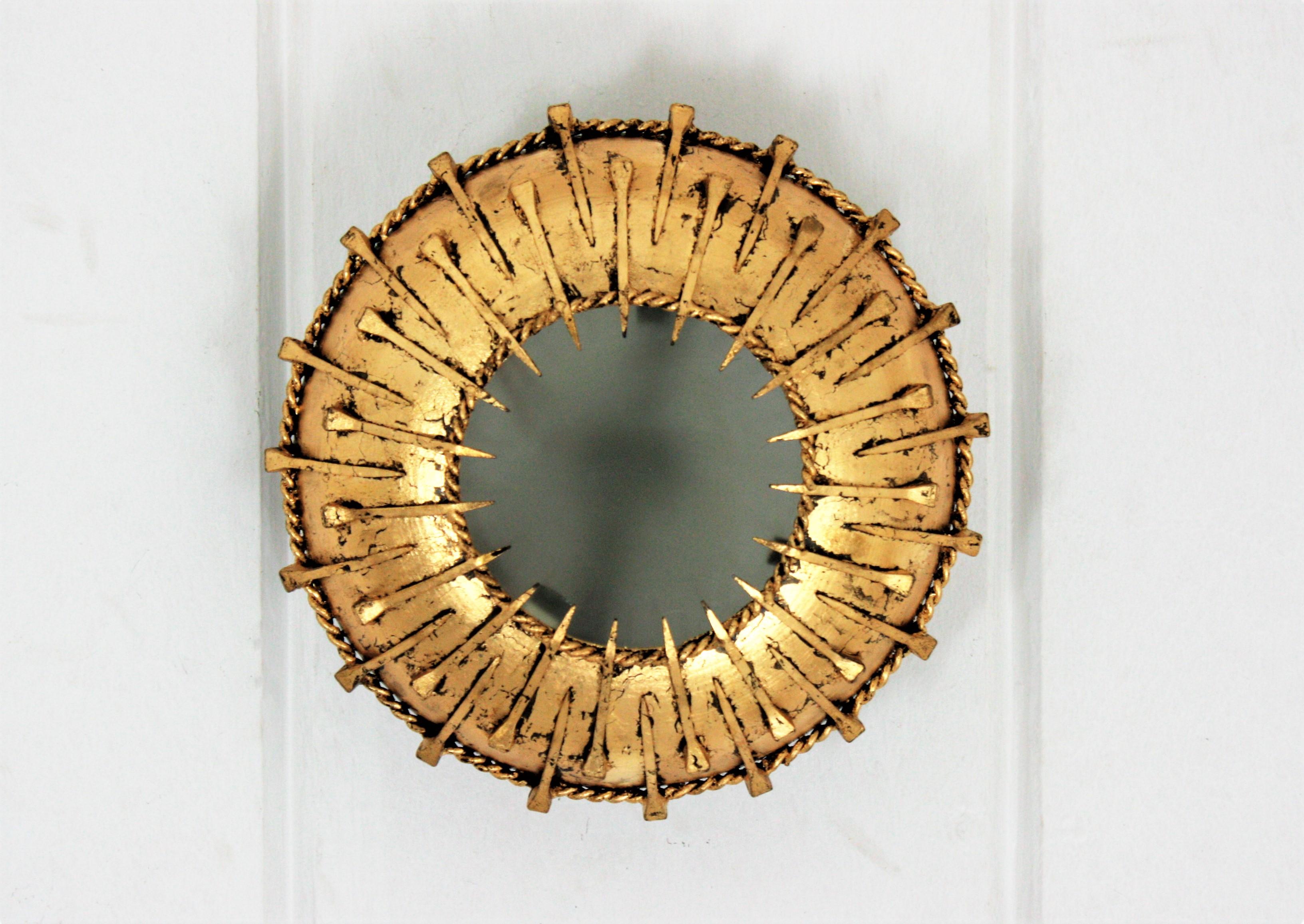 Wrought Iron Sunburst Brutalist Ceiling Light Fixture with Nail Motifs, Gilt Iron and Glass For Sale