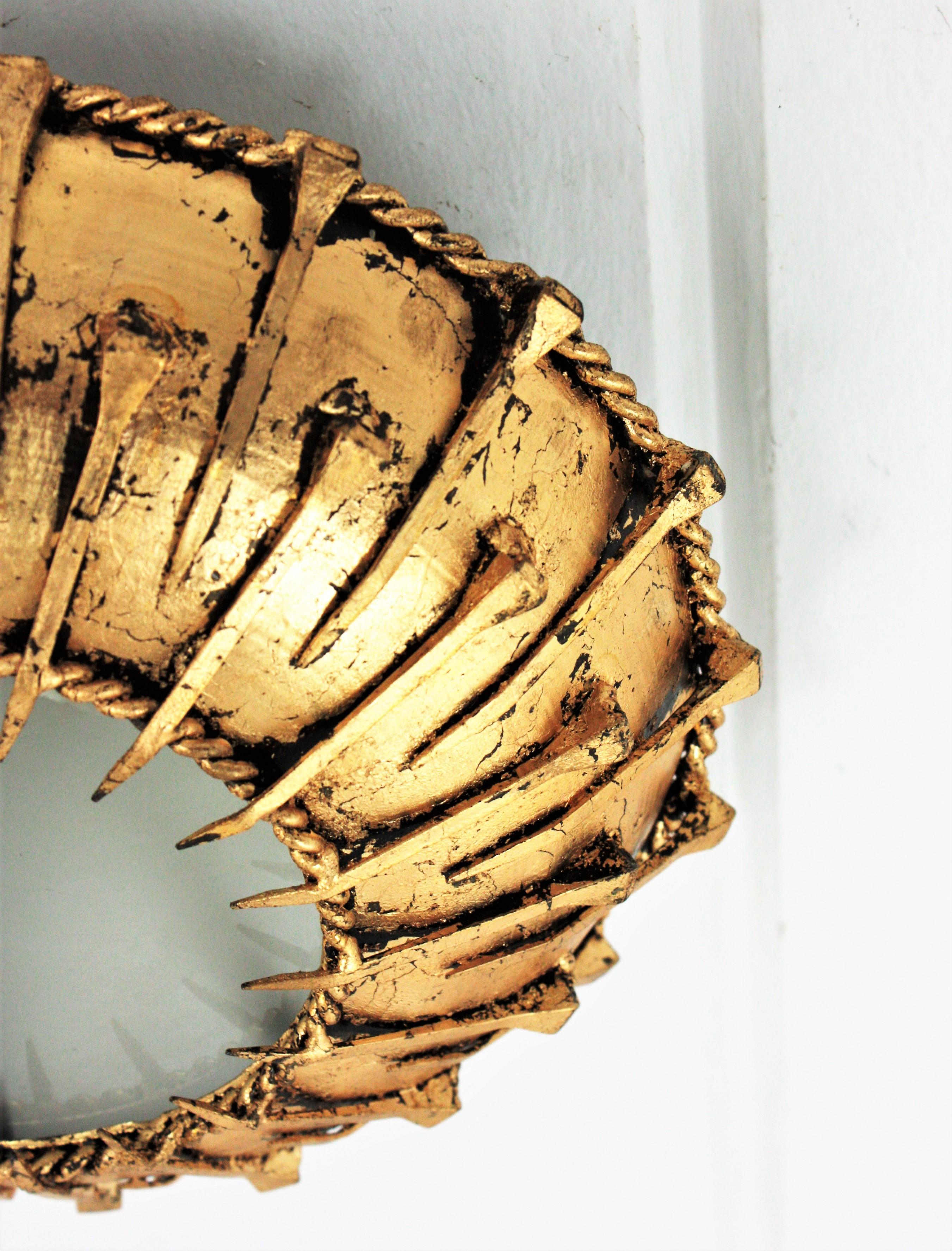 Sunburst Brutalist Ceiling Light Fixture with Nail Motifs, Gilt Iron and Glass For Sale 2