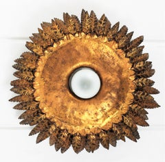 Sunburst Brutalist Foliage Light Fixture in Gilt Iron