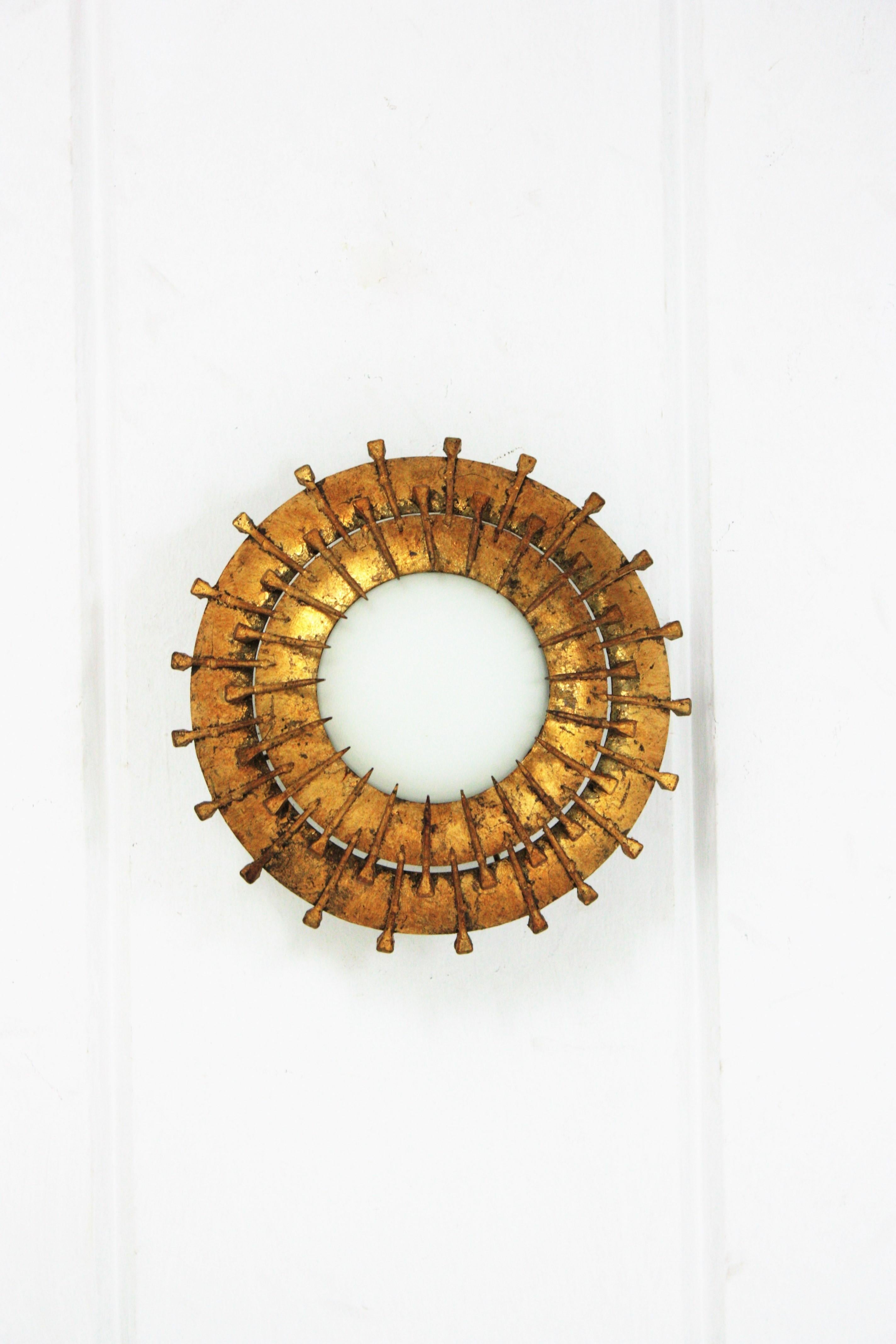 French Sunburst Light Fixture with Nail Design, Gilt Iron, Milk Glass For Sale 6