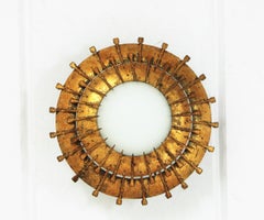 French Sunburst Light Fixture in Gilt Iron and Milk Glass, Nail Design, 1940s