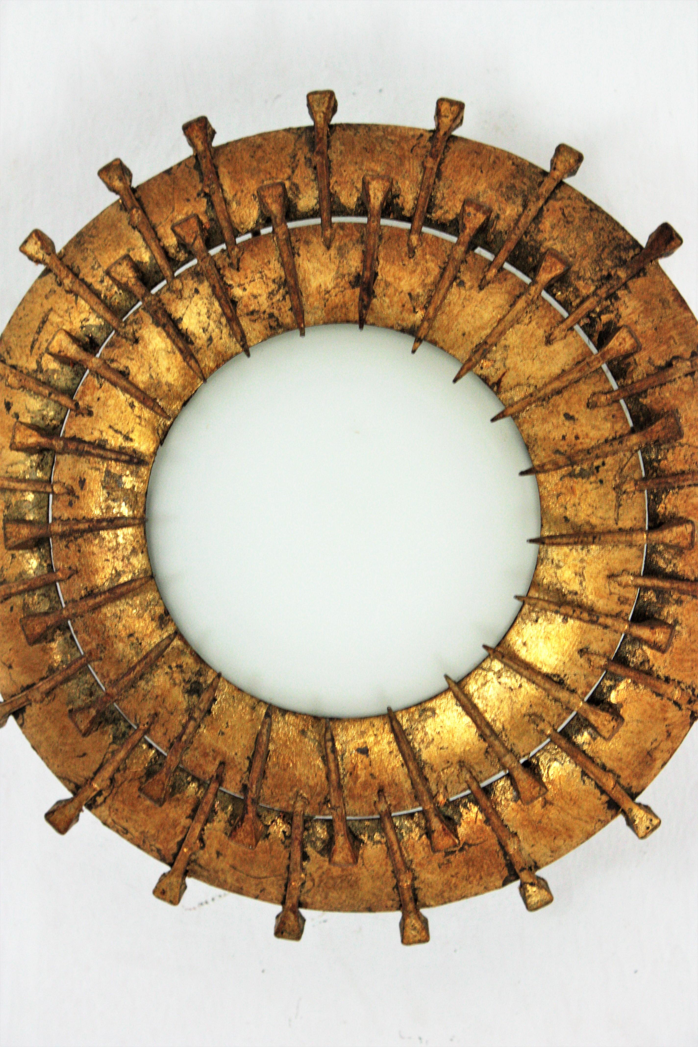 Hand-Crafted French Sunburst Light Fixture with Nail Design, Gilt Iron, Milk Glass For Sale