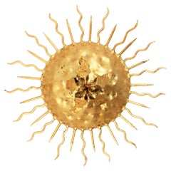 Sunburst Brutalist Light Fixture in Gilt Iron with Flower Motif