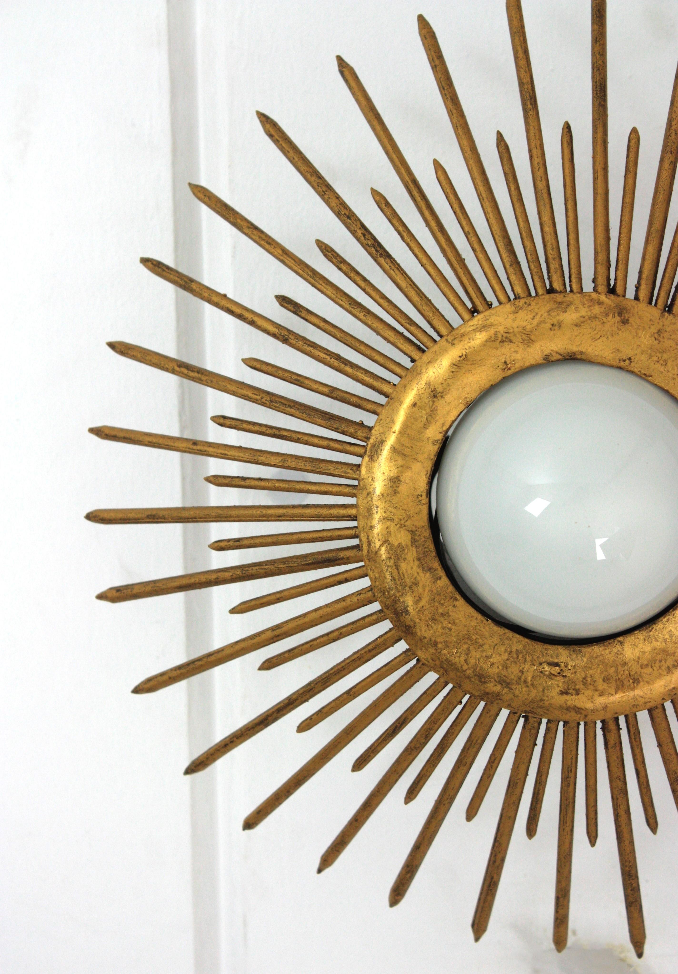 Sunburst Brutalist Light Fixture in Gilt Iron with Nail Design For Sale 4