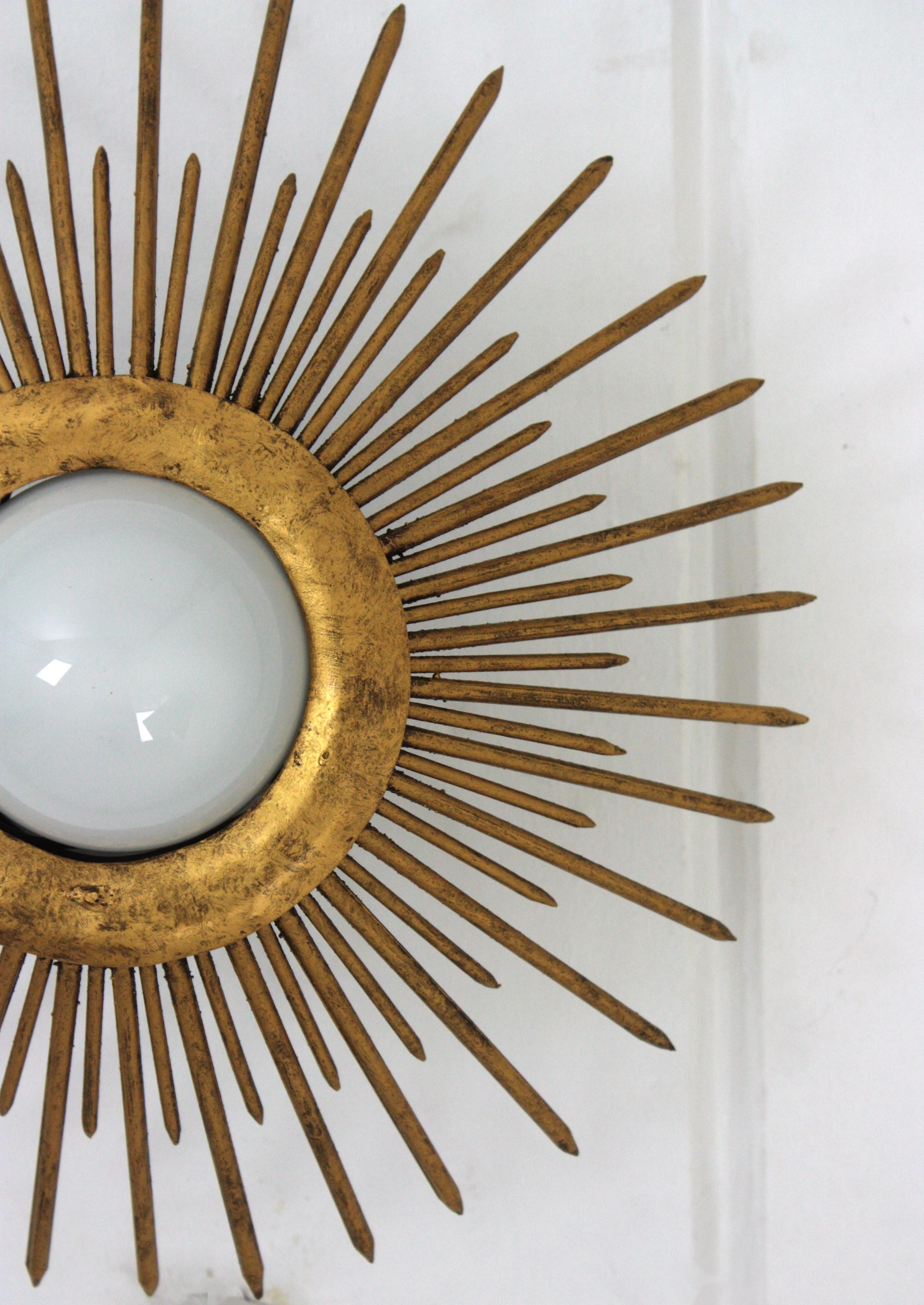 Sunburst Brutalist Light Fixture in Gilt Iron with Nail Design For Sale 5