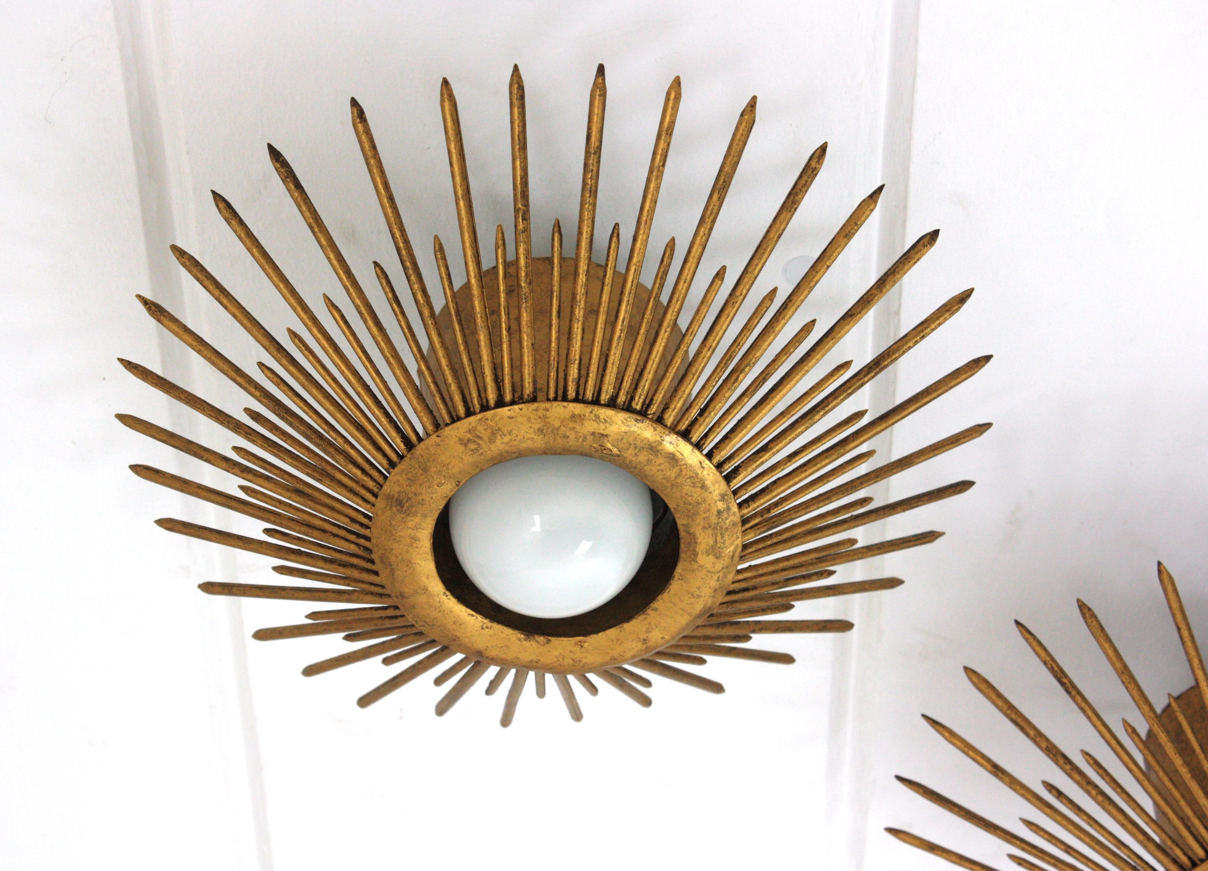 Sunburst Brutalist Light Fixture in Gilt Iron with Nail Design For Sale 6