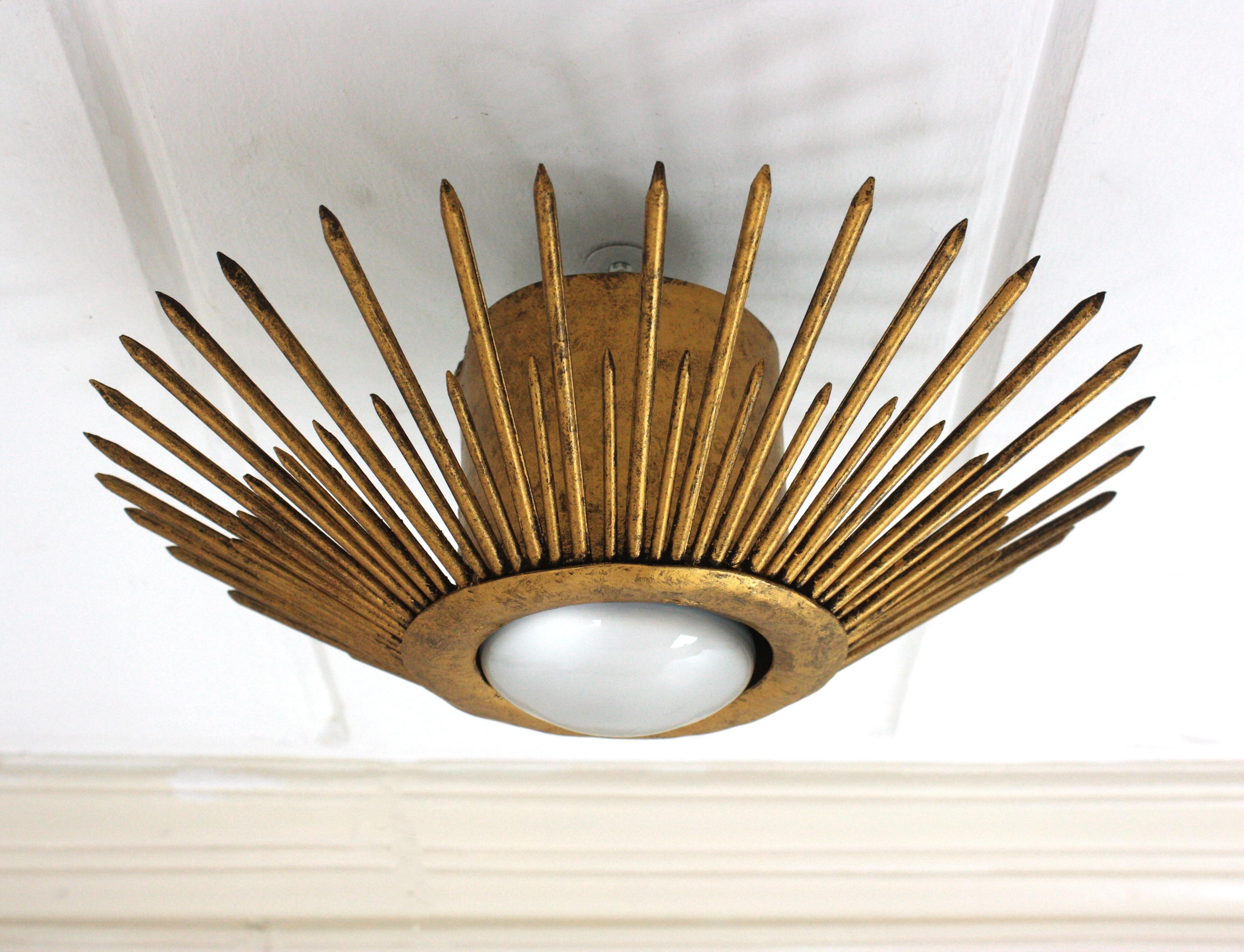 Sunburst Brutalist Light Fixture in Gilt Iron with Nail Design For Sale 7