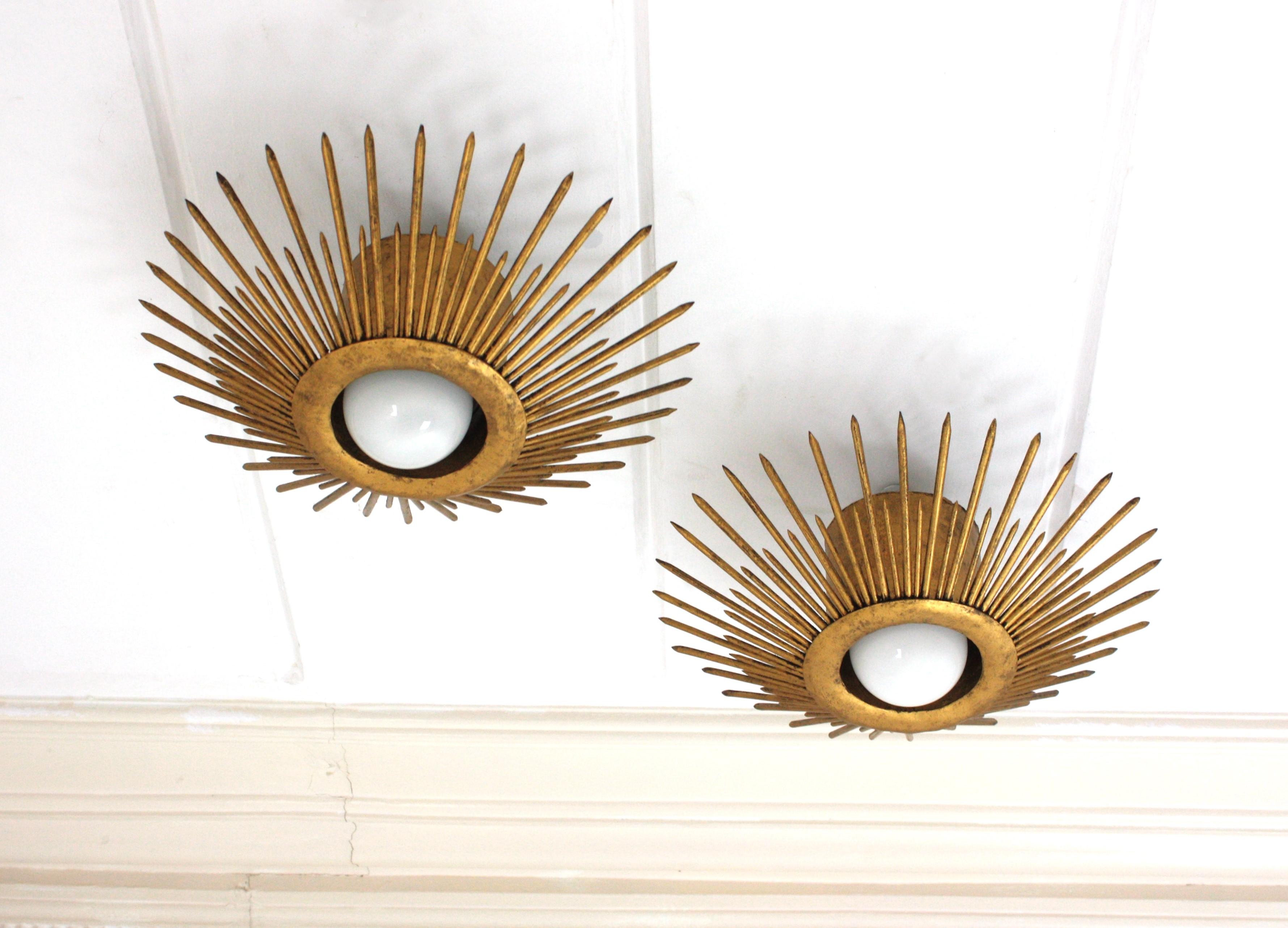 Sunburst Brutalist Light Fixture in Gilt Iron with Nail Design For Sale 8
