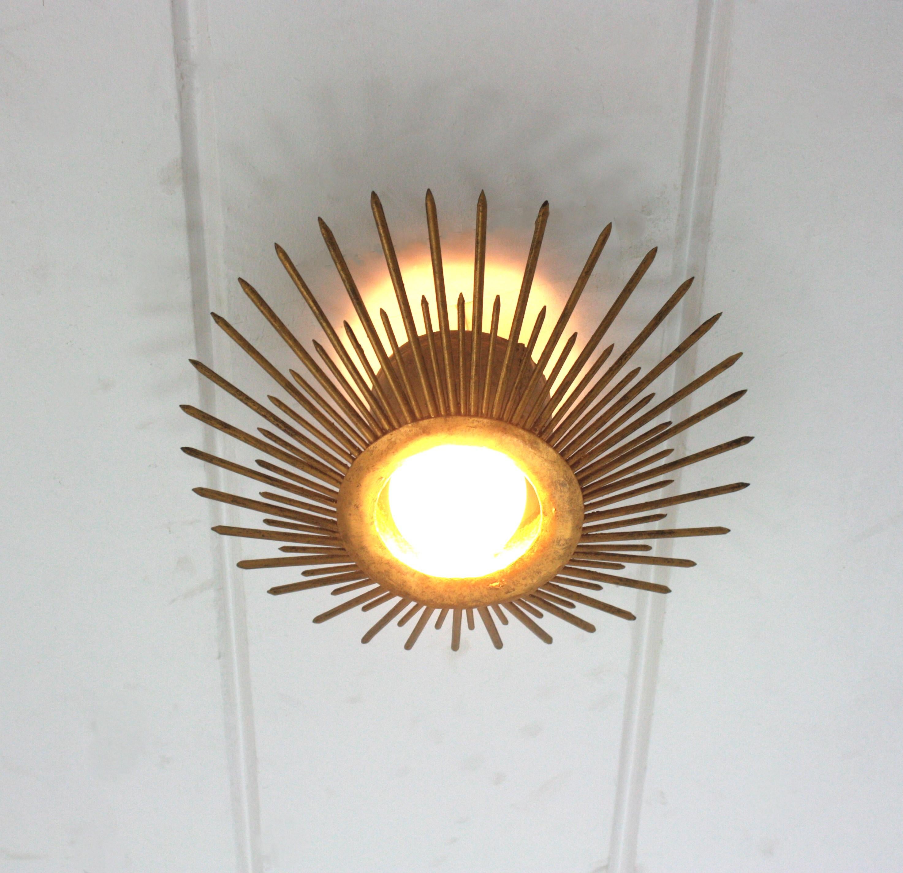 Sunburst Brutalist Light Fixture in Gilt Iron with Nail Design For Sale 9