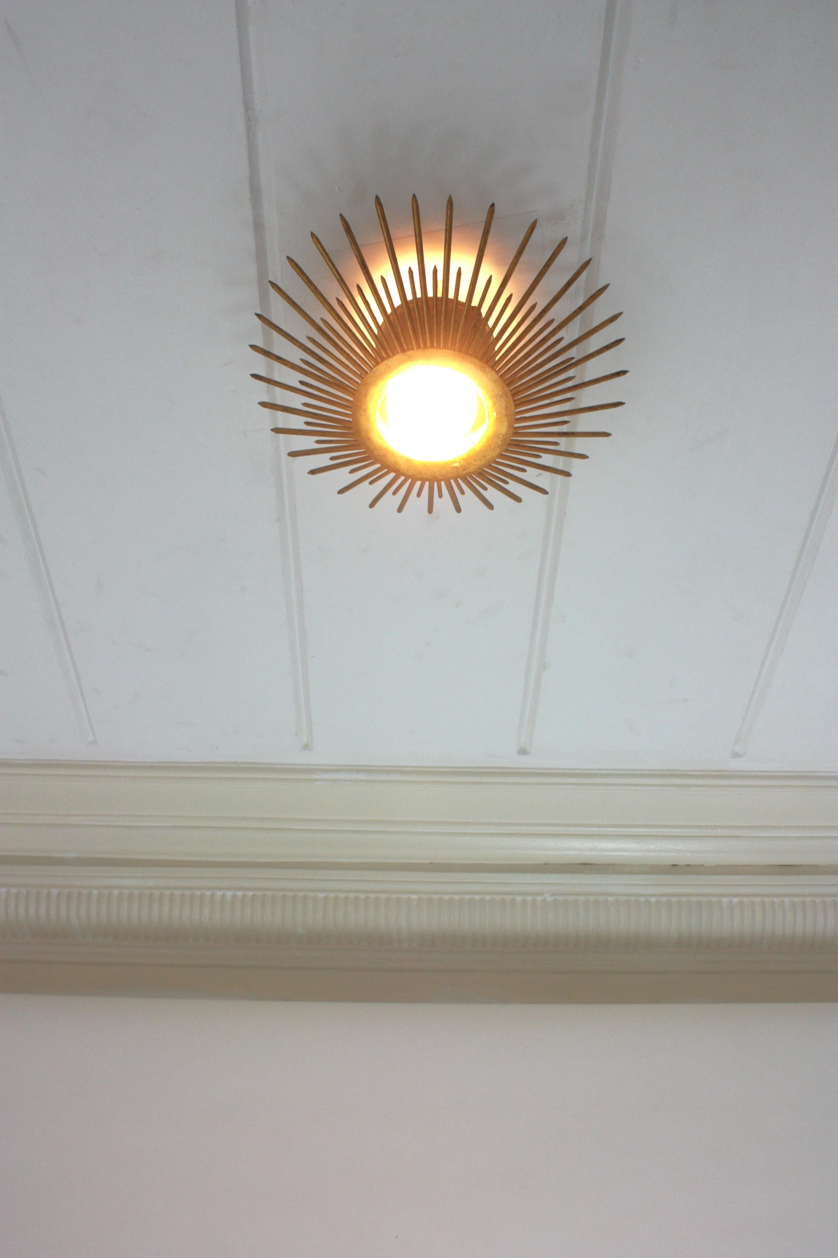 Sunburst Brutalist Light Fixture in Gilt Iron with Nail Design For Sale 10
