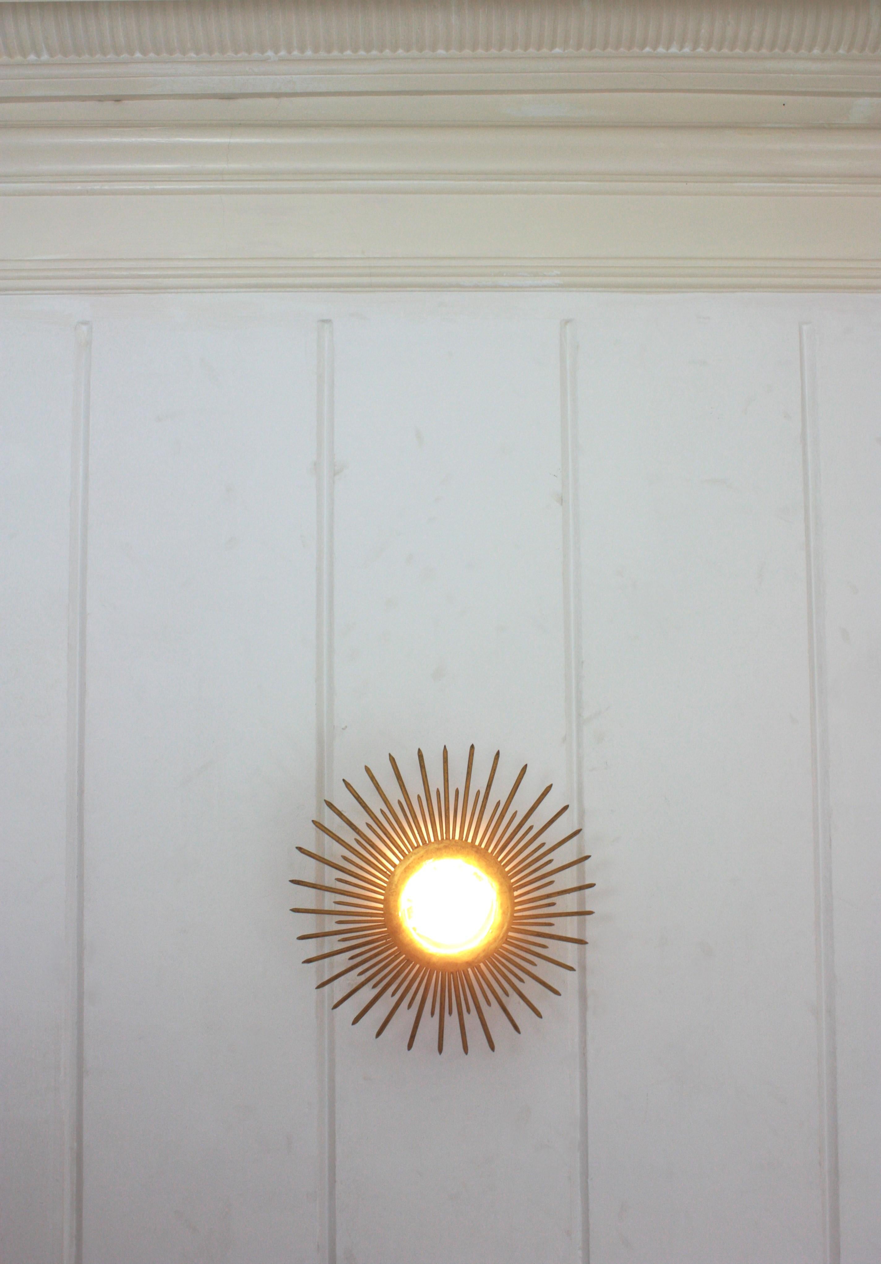 Sunburst Brutalist Light Fixture in Gilt Iron with Nail Design For Sale 11
