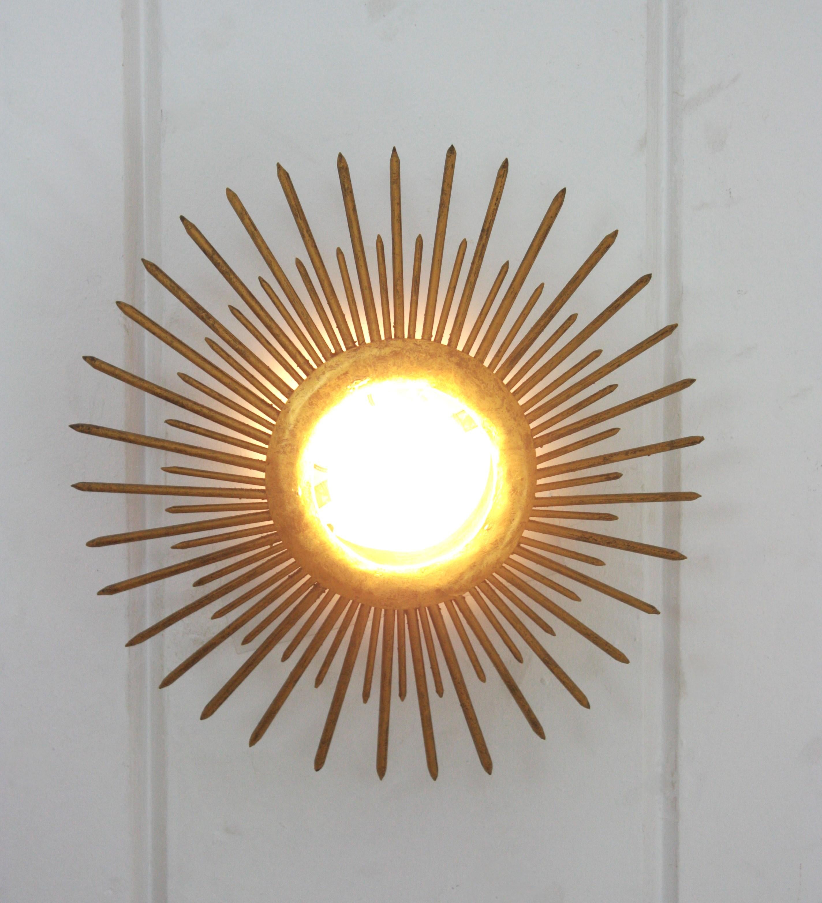 Sunburst Brutalist Light Fixture in Gilt Iron with Nail Design For Sale 12