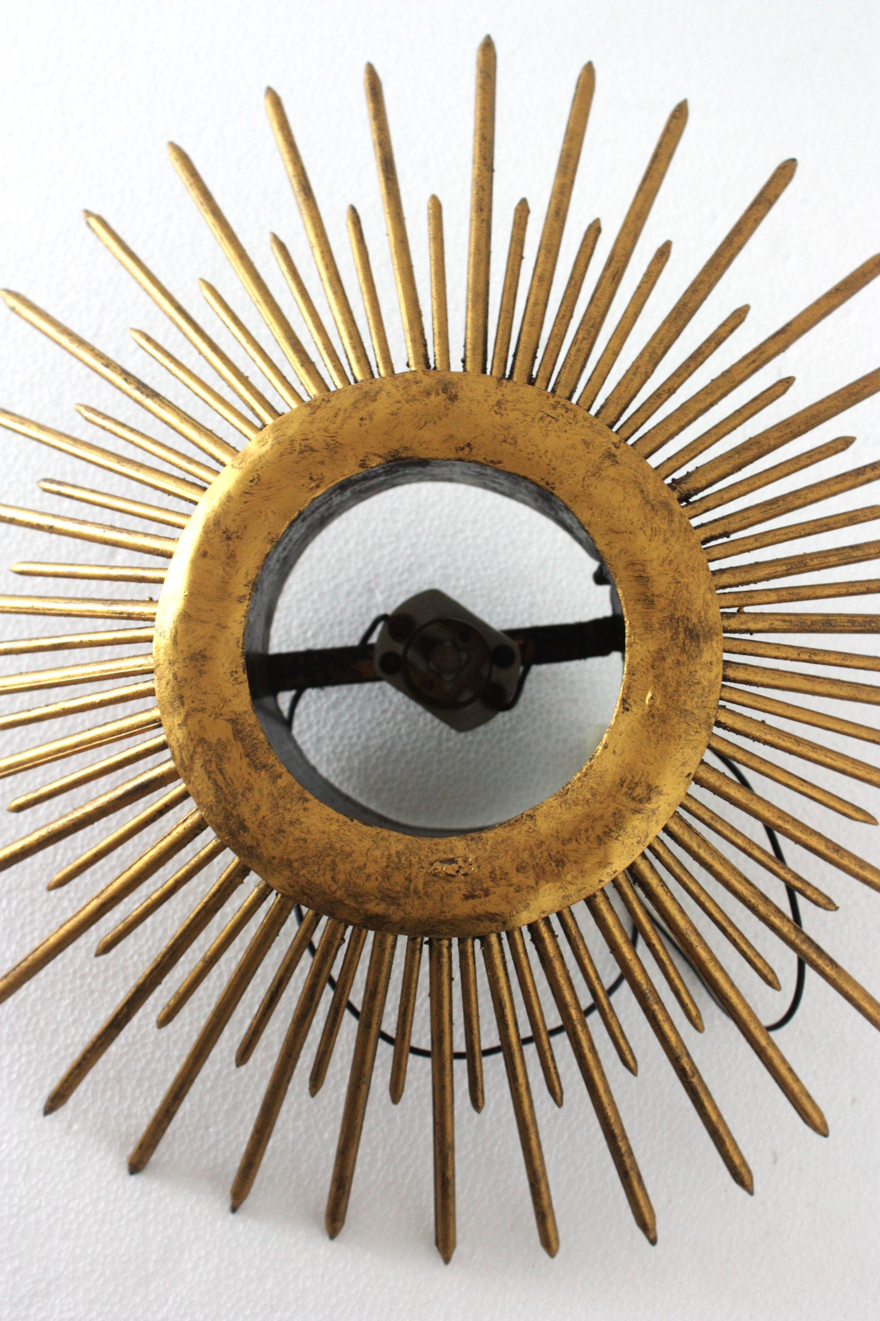 Sunburst Brutalist Light Fixture in Gilt Iron with Nail Design For Sale 13