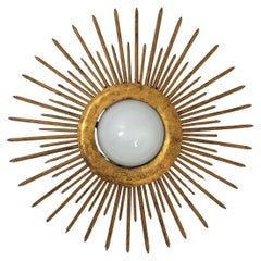 Sunburst Brutalist Light Fixture in Gilt Iron with Nail Design