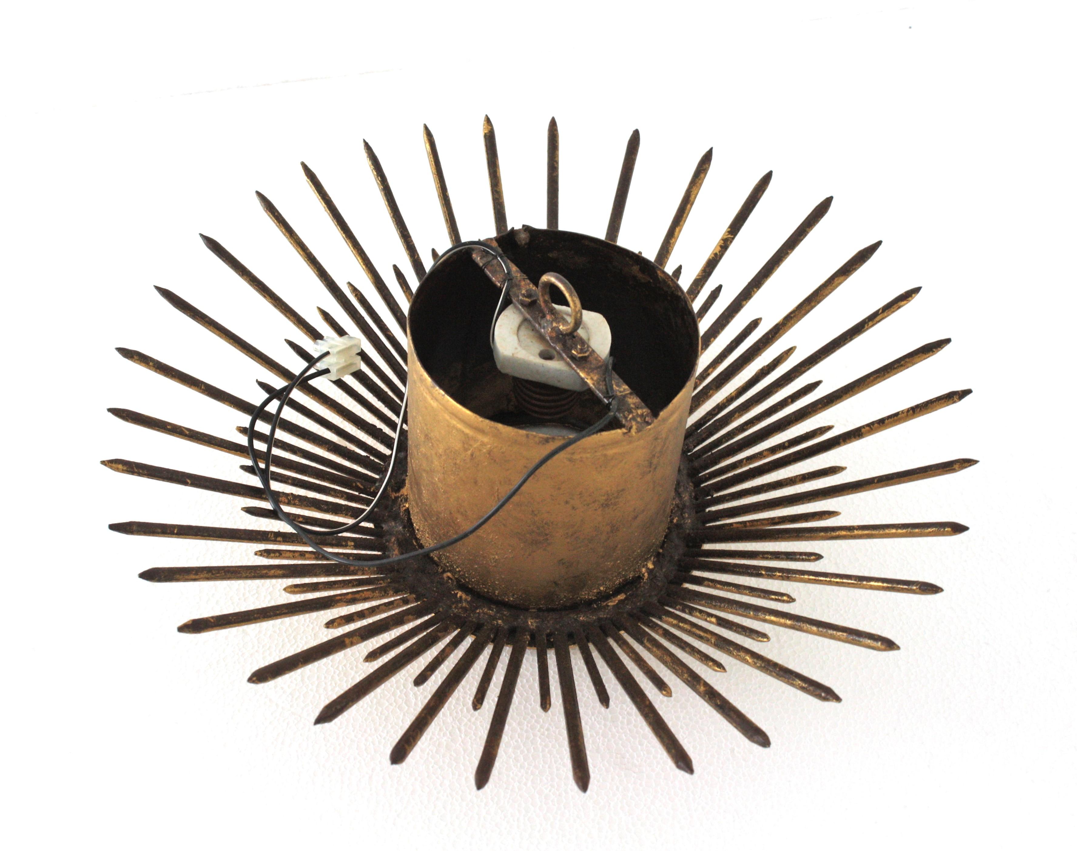 Sunburst Brutalist Light Fixture in Gilt Iron with Nail Design For Sale 14
