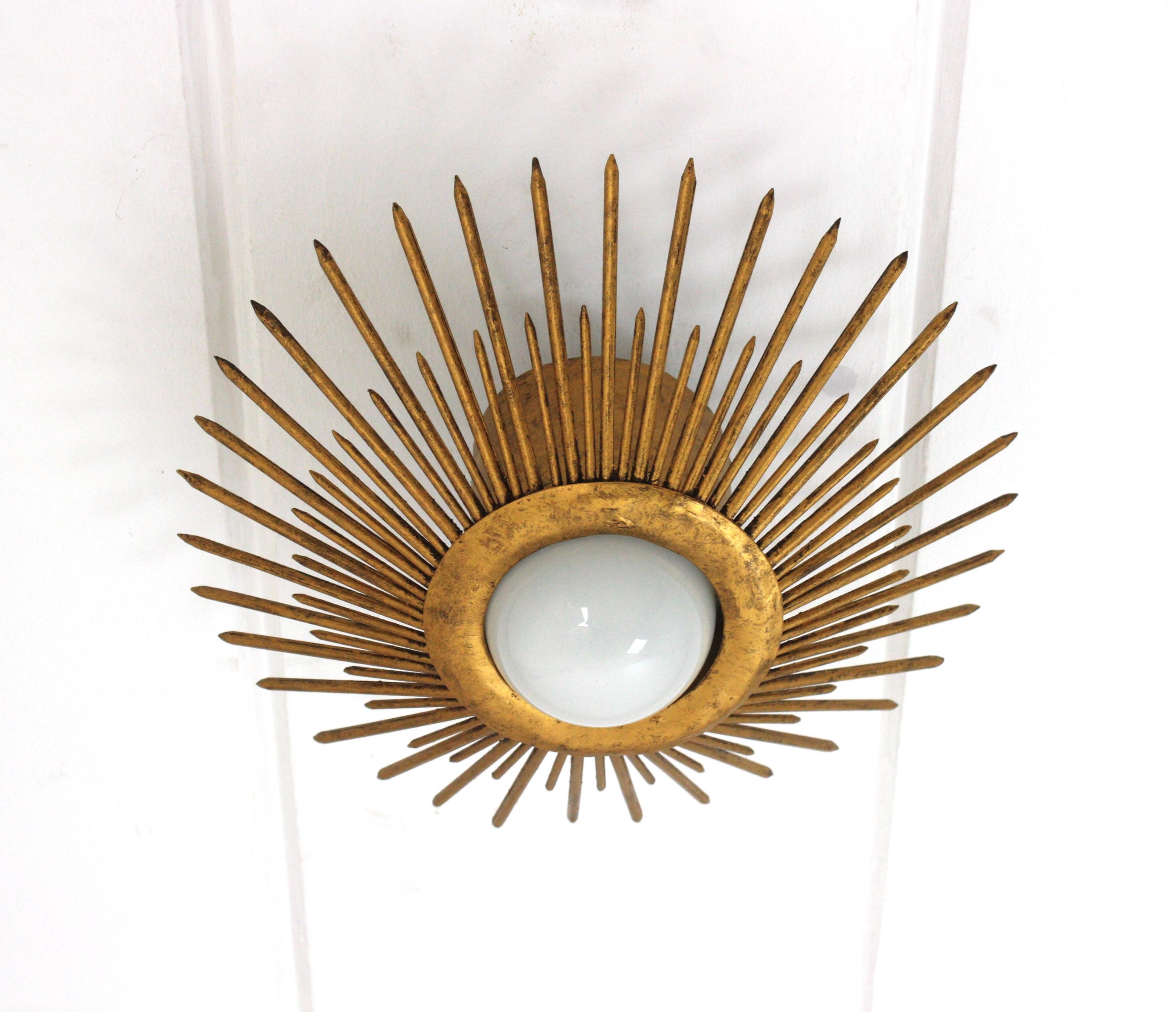Sunburst Brutalist Light Fixture in Gilt Iron with Nail Design For Sale 1
