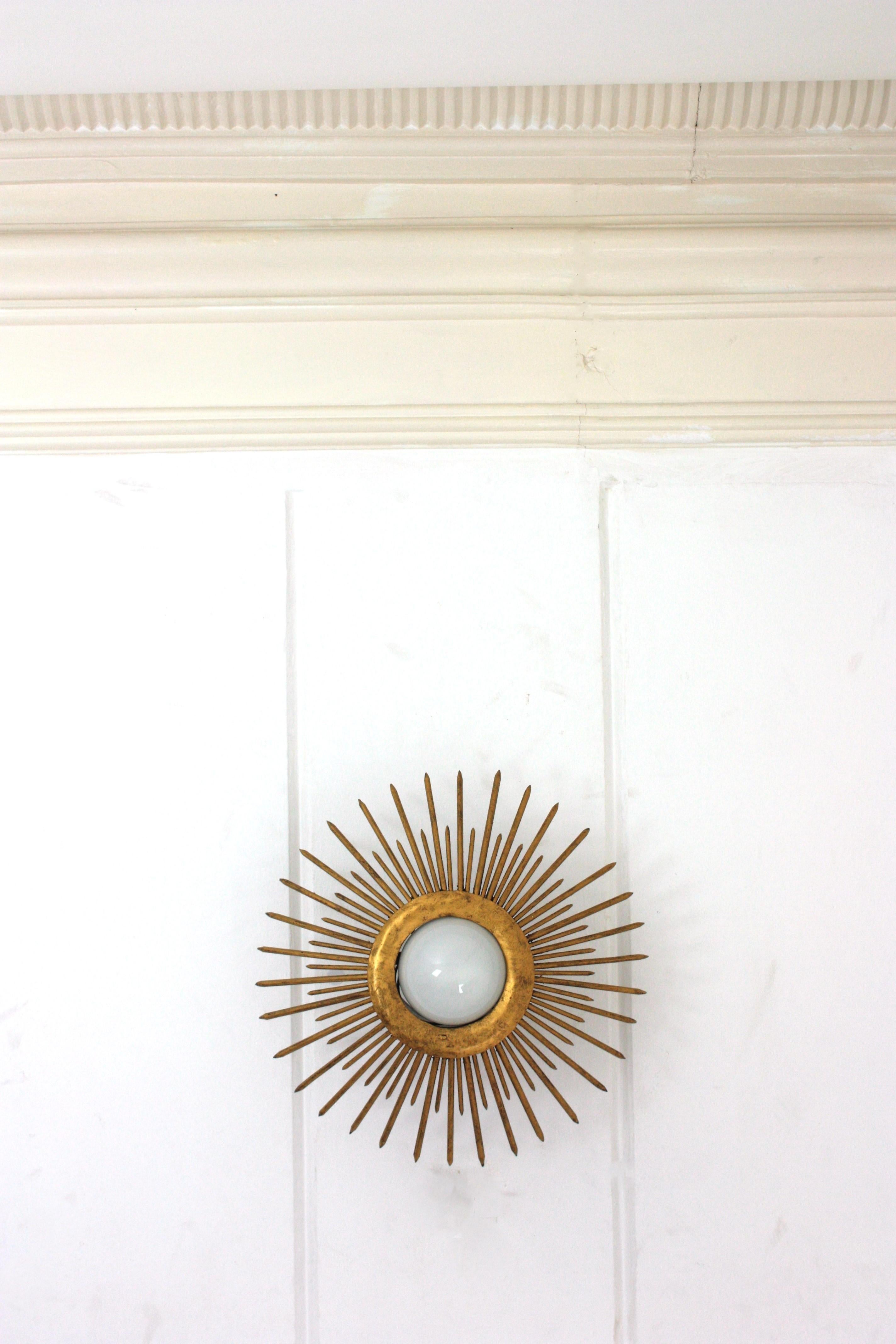 Sunburst Brutalist Light Fixture in Gilt Iron with Nail Design For Sale 2