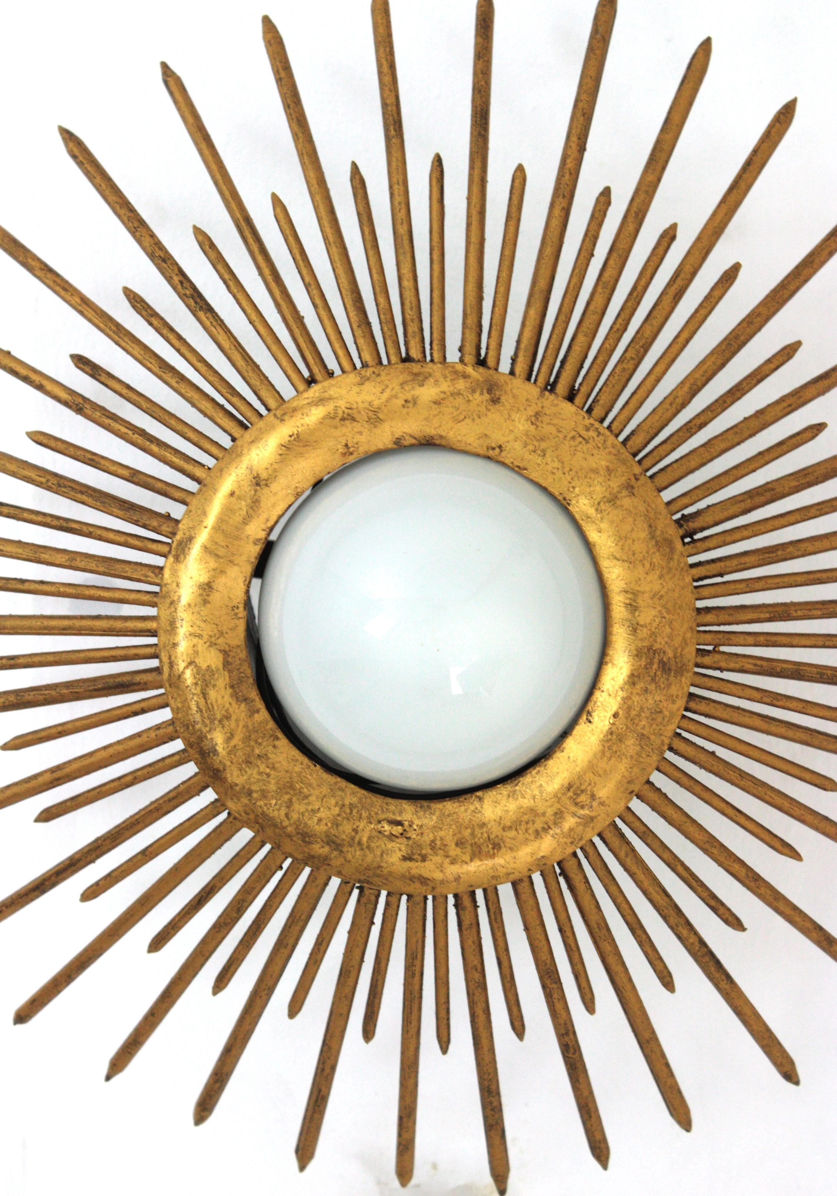 Sunburst Brutalist Light Fixture in Gilt Iron with Nail Design For Sale 3
