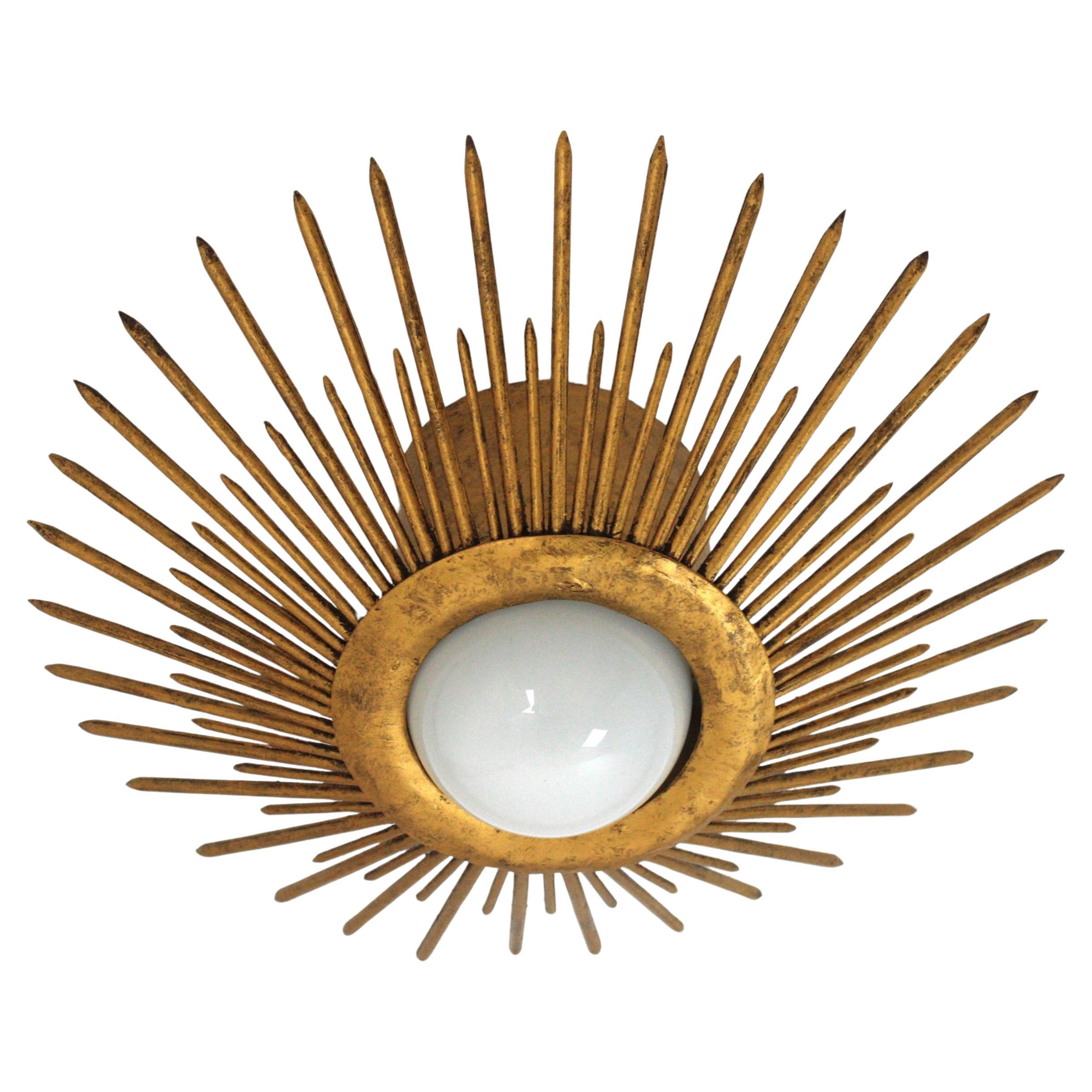 Sunburst Brutalist Light Fixture in Gilt Iron with Nail Design For Sale