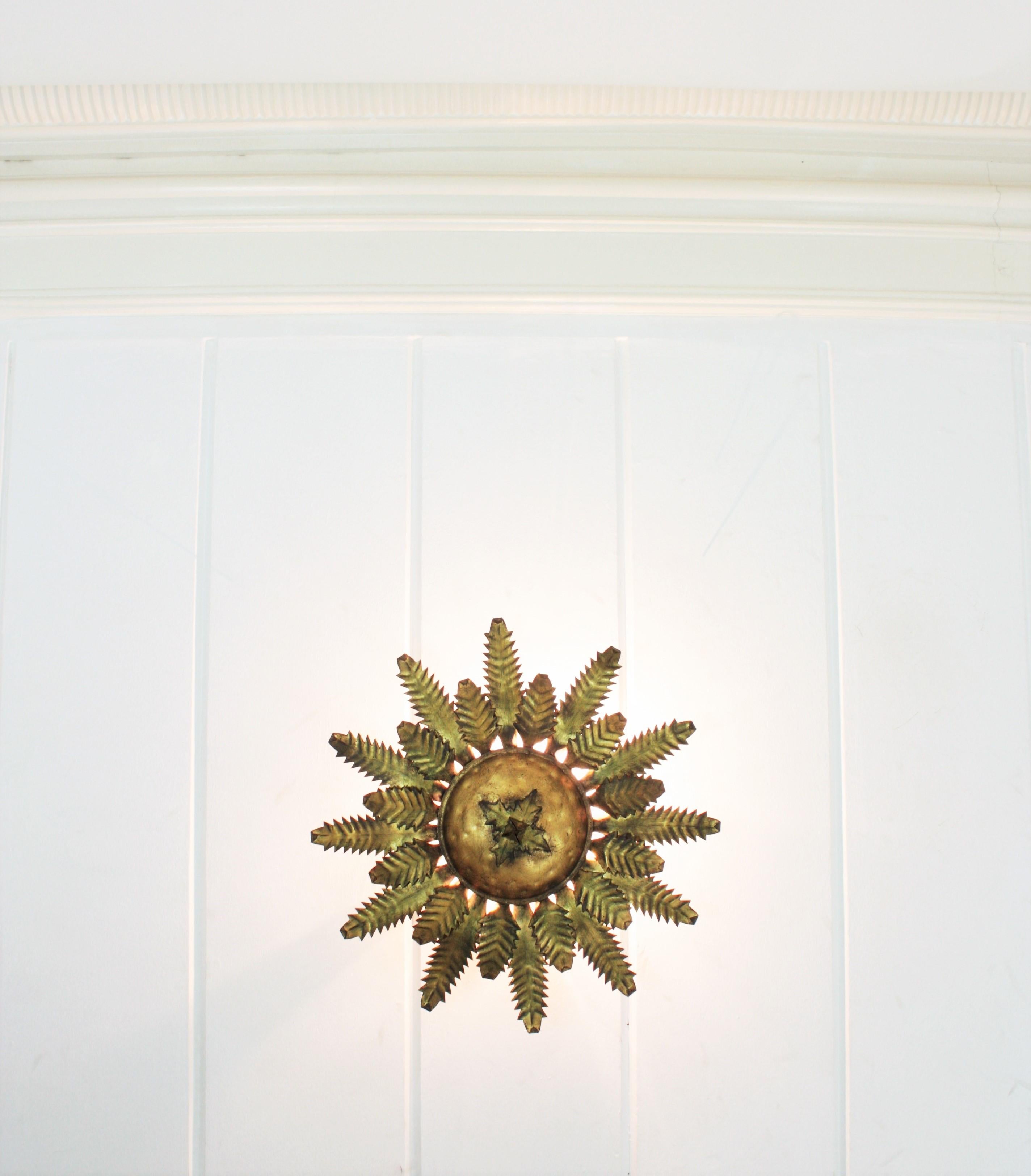 Luminaria Brutalista Sunburst Foliage, Metal Dorado y Motivo Floral, España, 1950 en venta 6