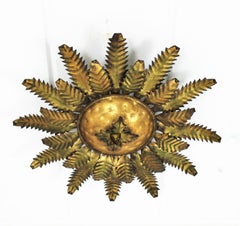 Brutalist Sunburst Foliage Light Fixture, Gilt Metal & Flower Motif, Spain, 1950
