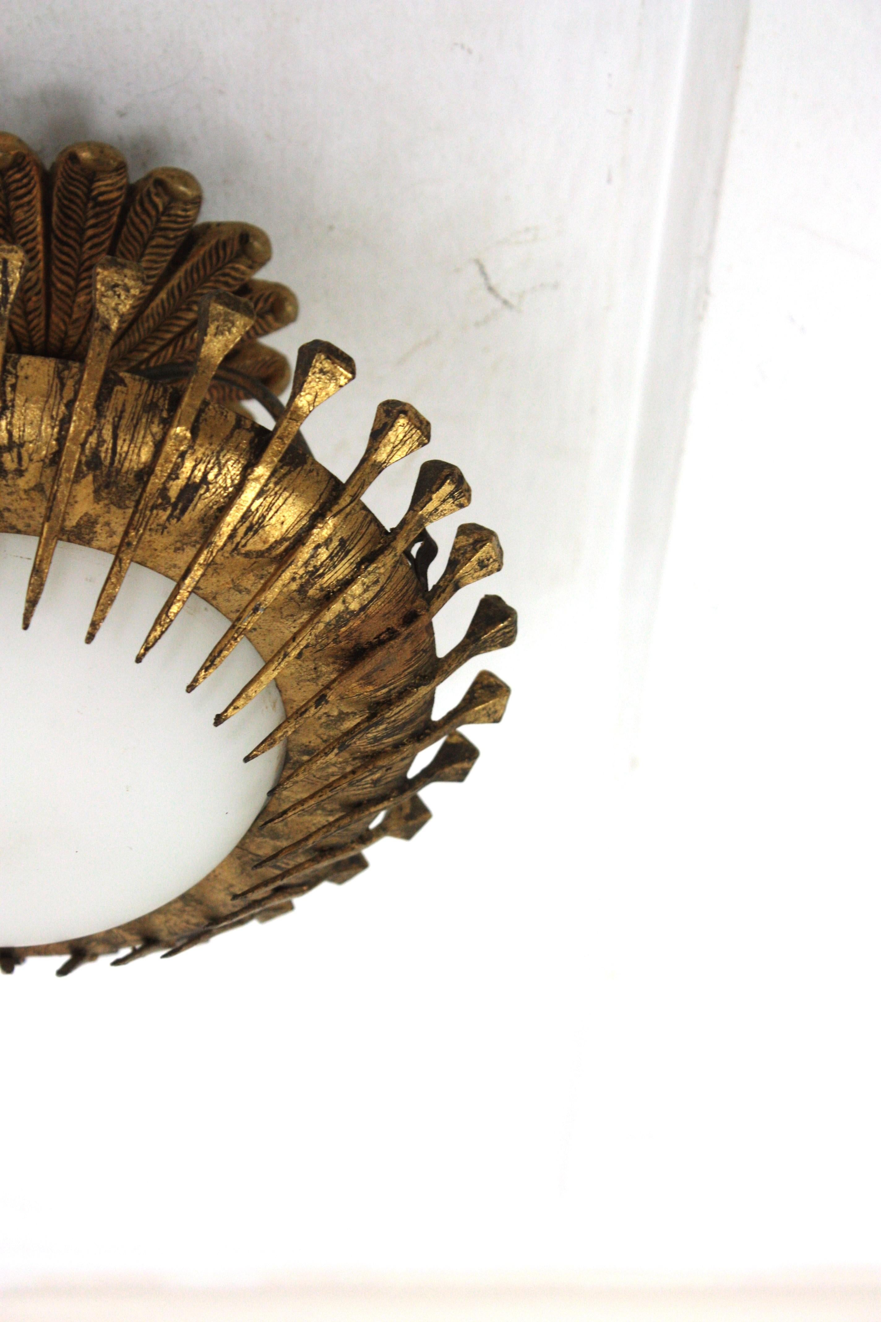 French Sunburst Light Fixture with Nails Detail, Gilt Iron and Milk Glass For Sale 3