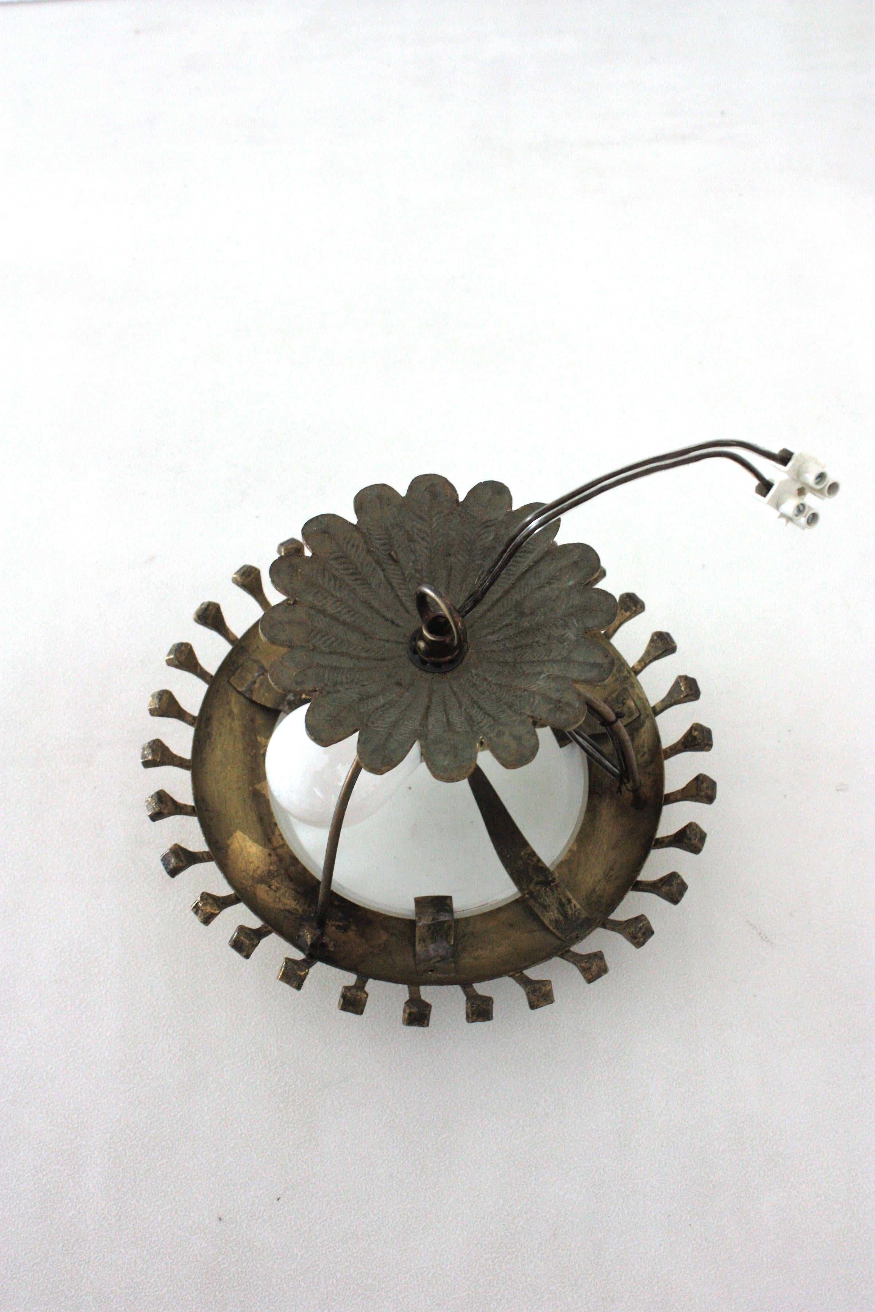 French Sunburst Light Fixture with Nails Detail, Gilt Iron and Milk Glass For Sale 4