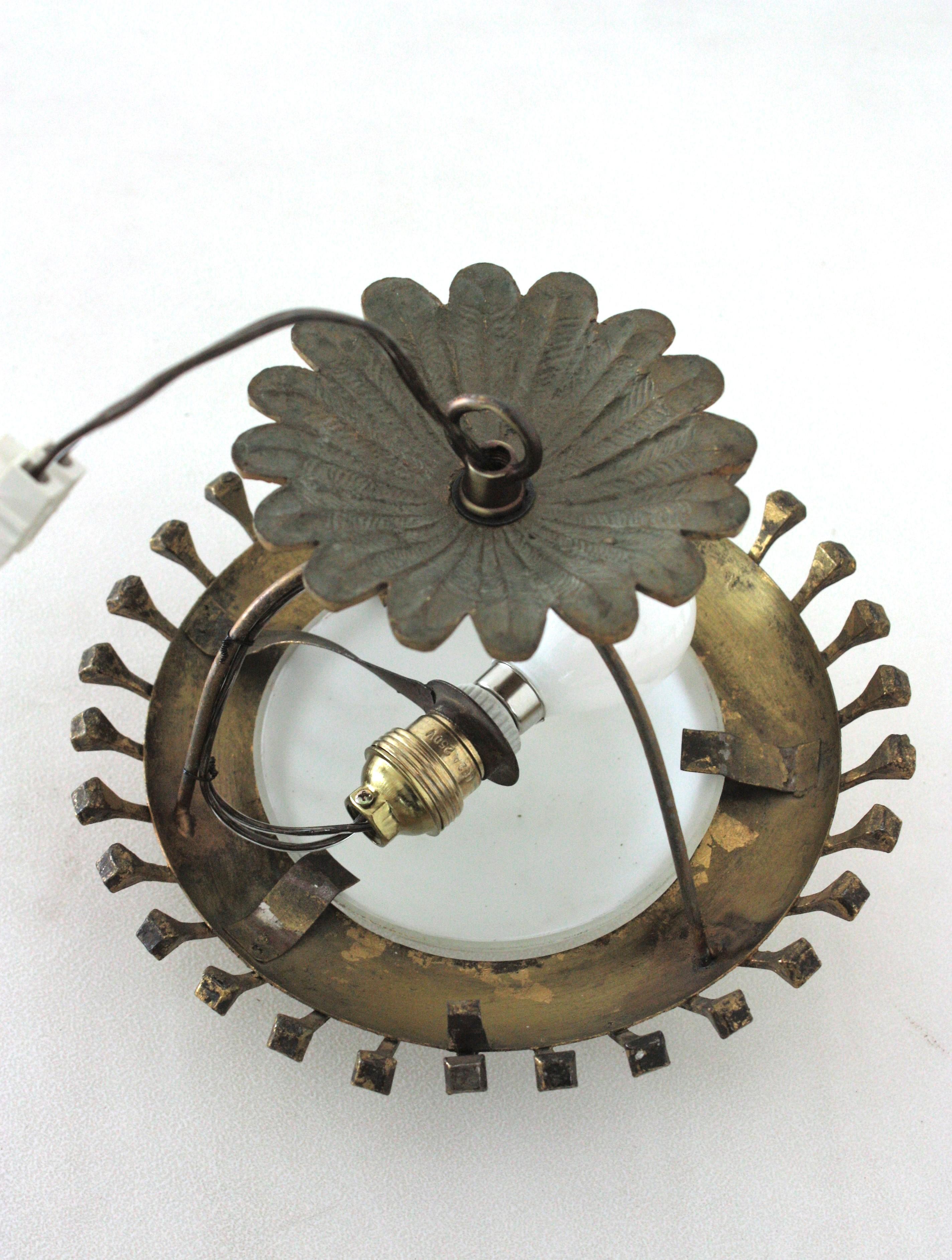 French Sunburst Light Fixture with Nails Detail, Gilt Iron and Milk Glass For Sale 5