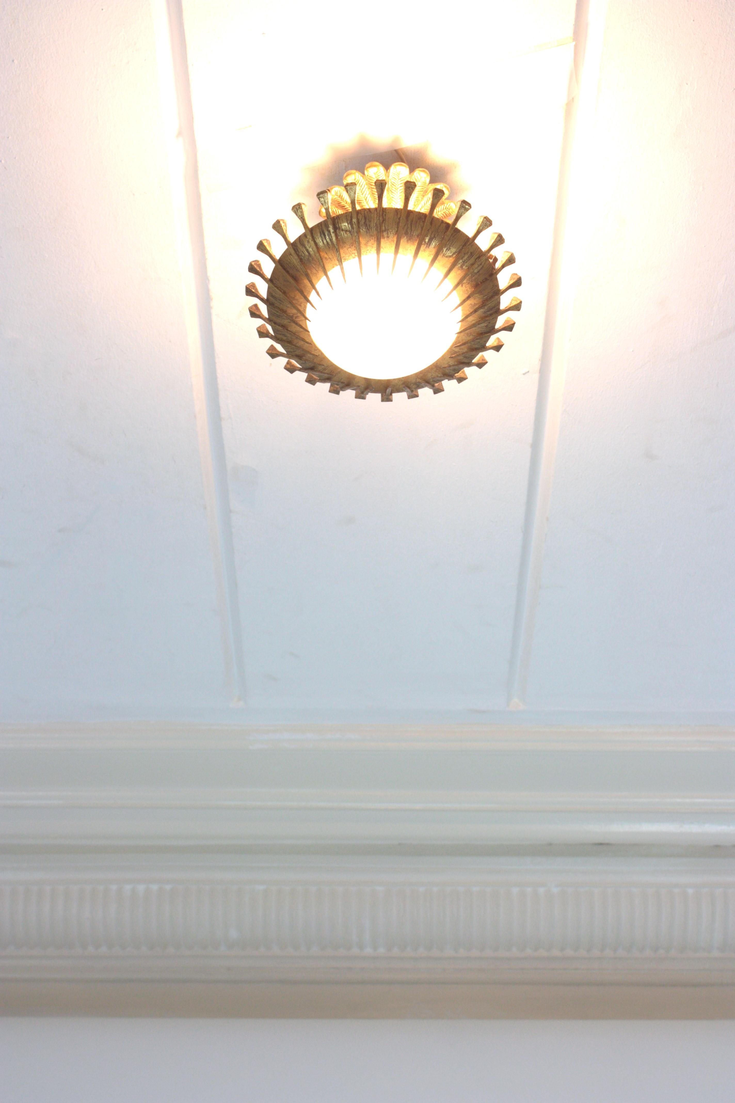 French Sunburst Light Fixture with Nails Detail, Gilt Iron and Milk Glass For Sale 6