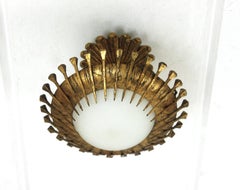 Brutalist Sunburst Light Fixture with Nails Details, Gilt Iron and Milk Glass