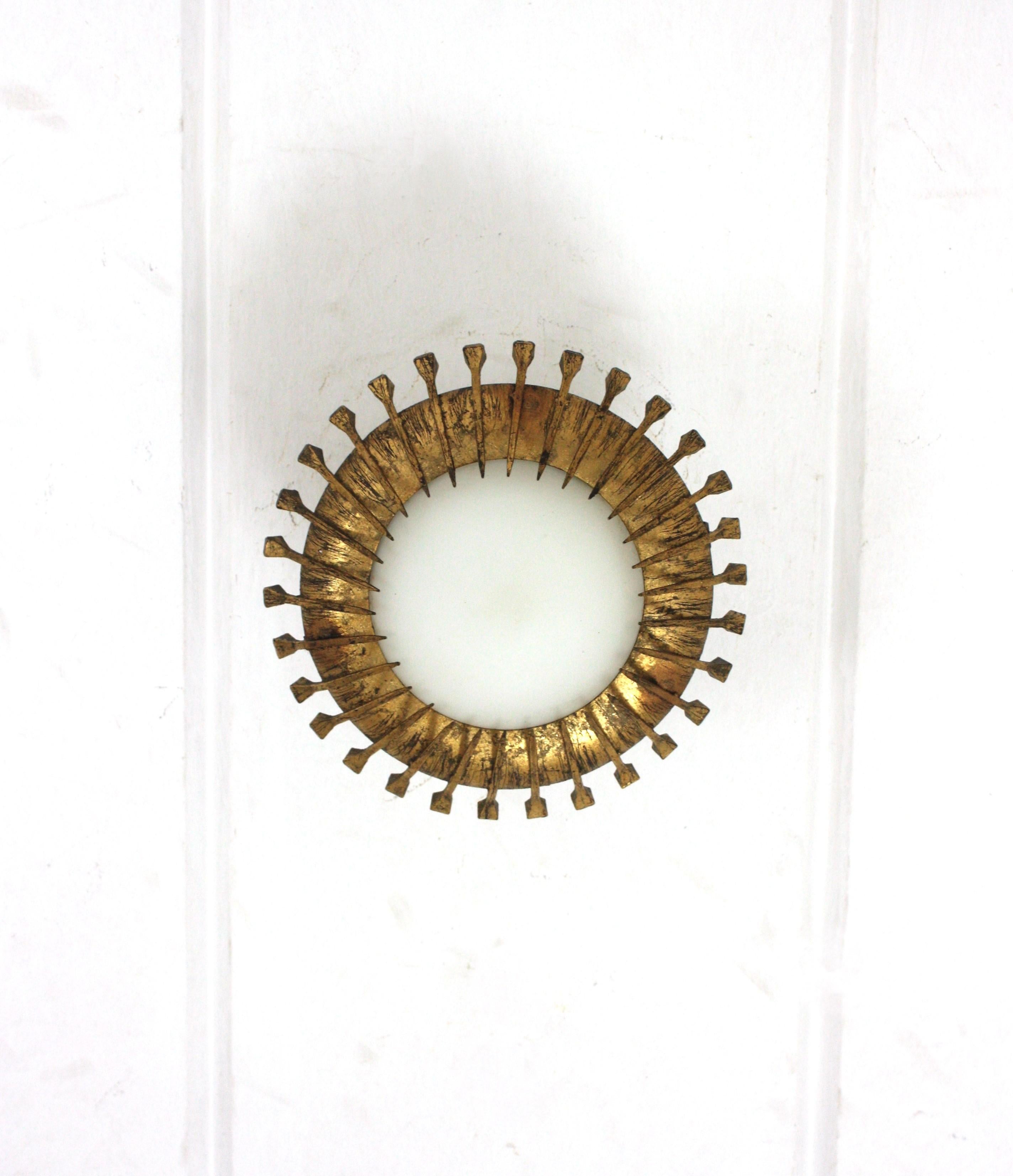 20th Century French Sunburst Light Fixture with Nails Detail, Gilt Iron and Milk Glass For Sale
