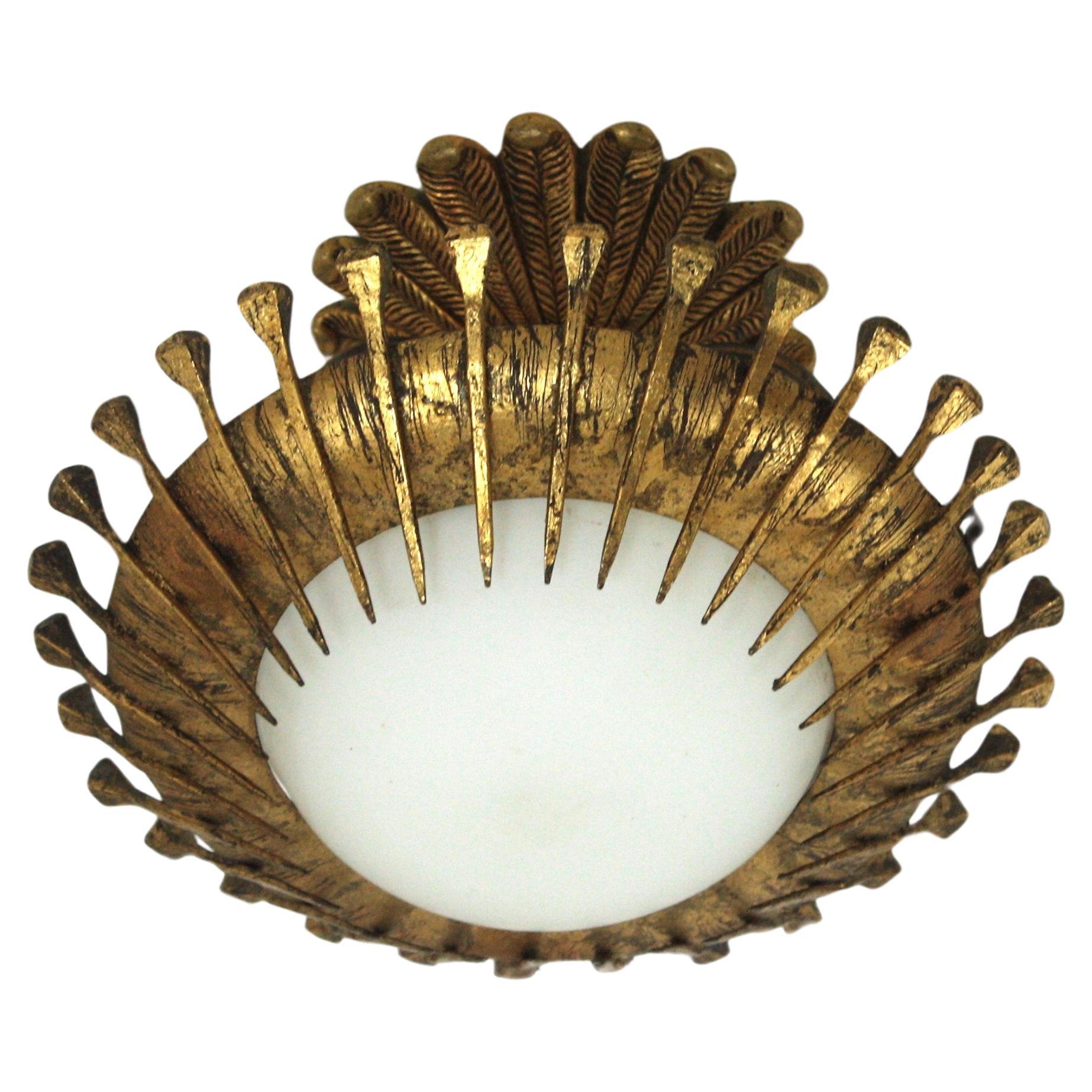 French Sunburst Light Fixture with Nails Detail, Gilt Iron and Milk Glass For Sale