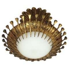 Retro French Sunburst Light Fixture with Nails Detail, Gilt Iron and Milk Glass