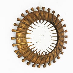 Brutalist Sunburst Mirror with Nails Detail in Gilt Iron, 1950s