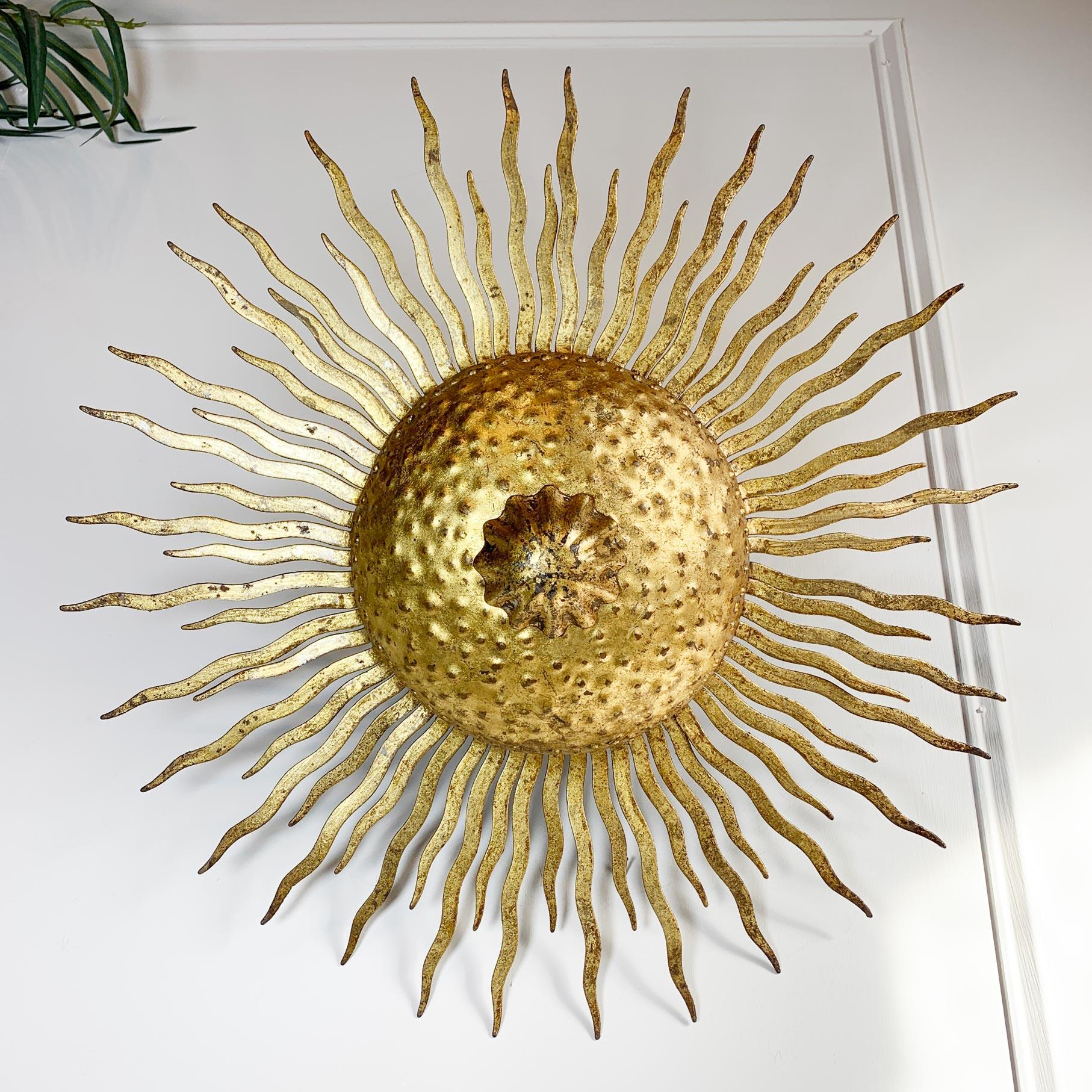 Sunburst Brutalist Spanish Ceiling Light 1950’s Gold  For Sale 5