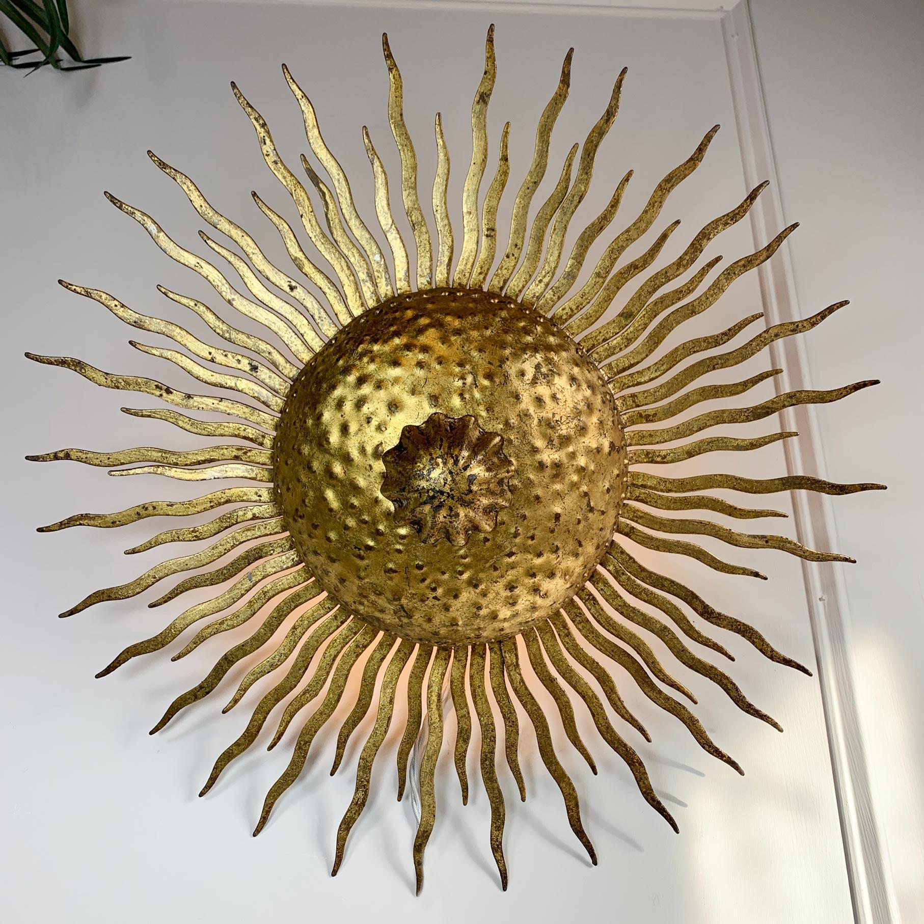 Hand-Crafted Sunburst Brutalist Spanish Ceiling Light 1950’s Gold  For Sale