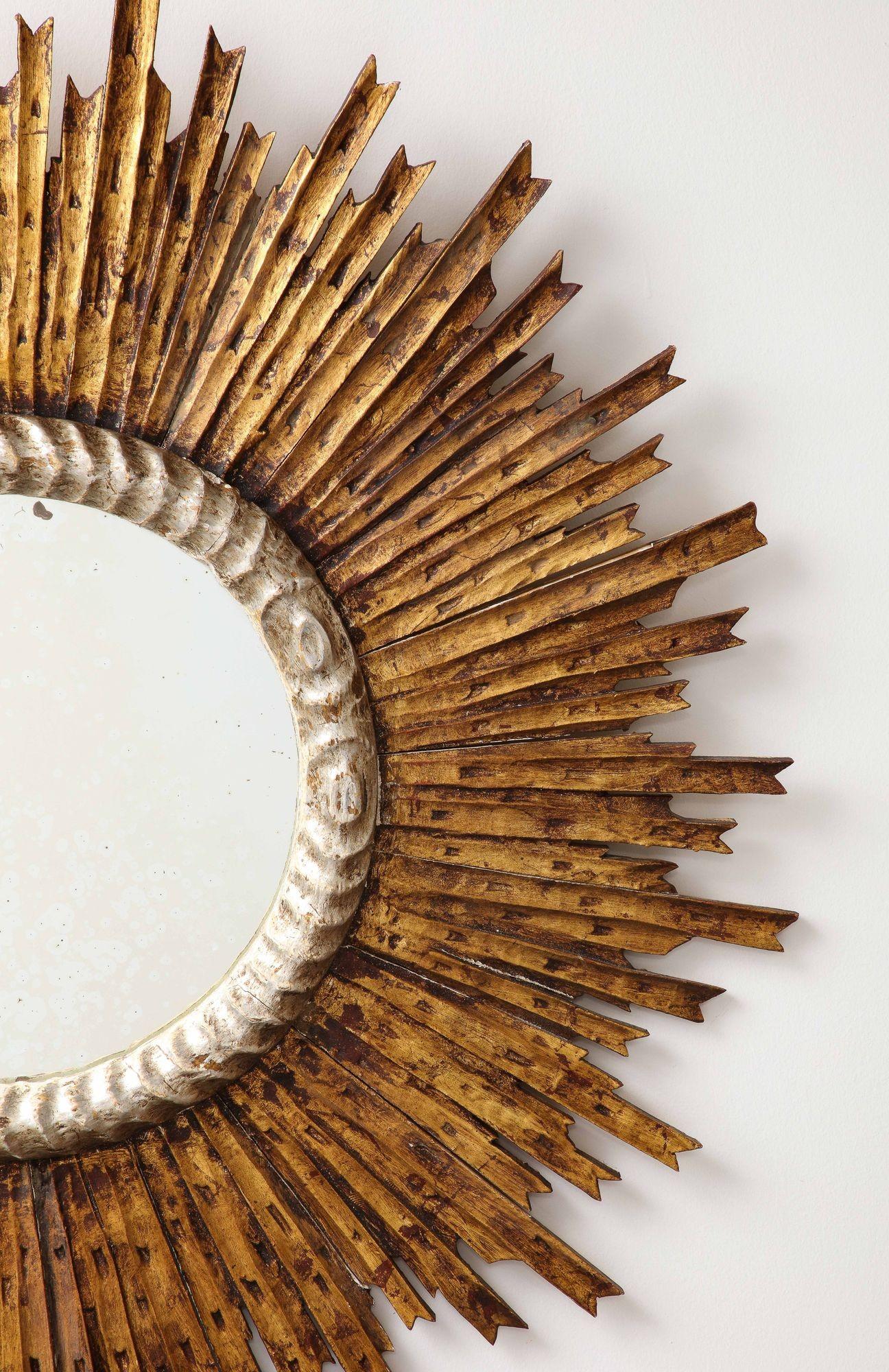 French Sunburst Carved Giltwood Mirror, 20th Century