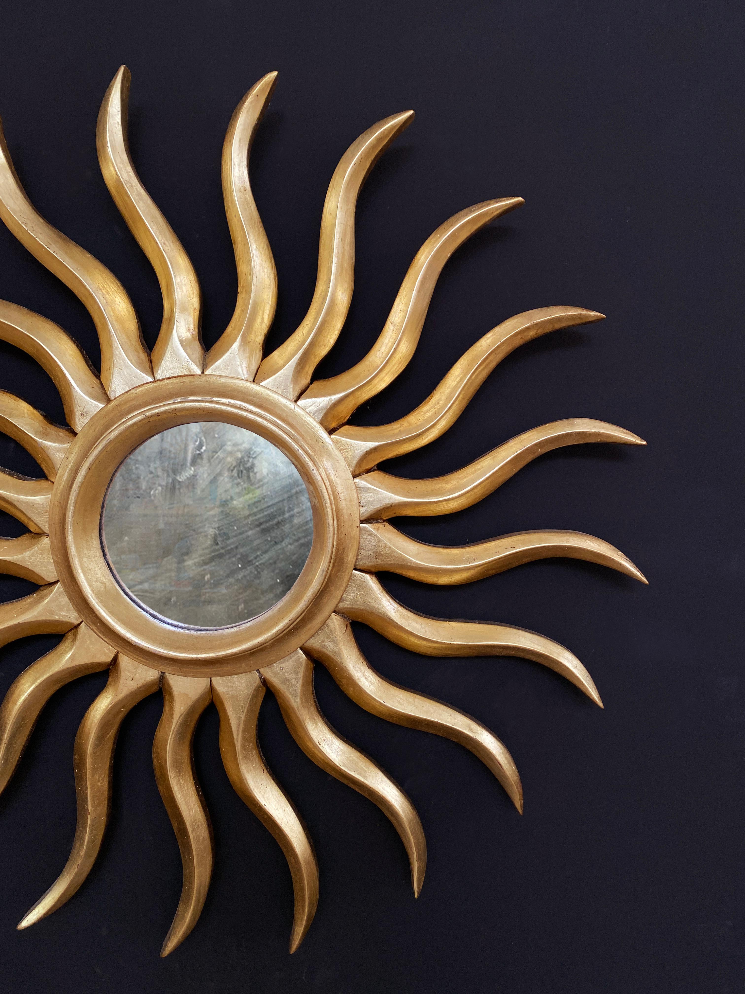 Hand-Carved Sunburst Golden Mirror Art Noveau Style For Sale
