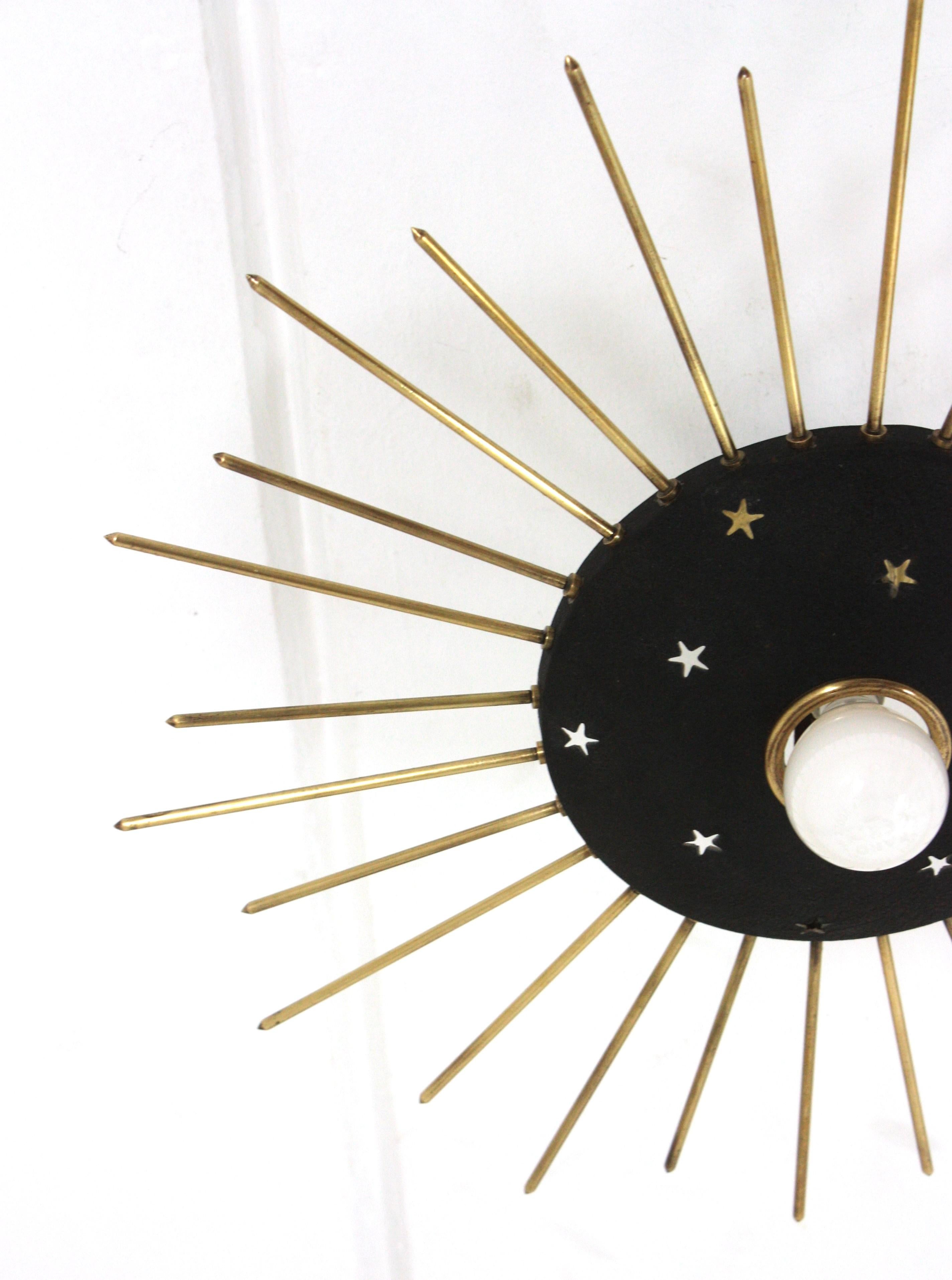 Sunburst Ceiling Light Fixture in Black Metal & Brass with Stars Details, 1950 For Sale 3