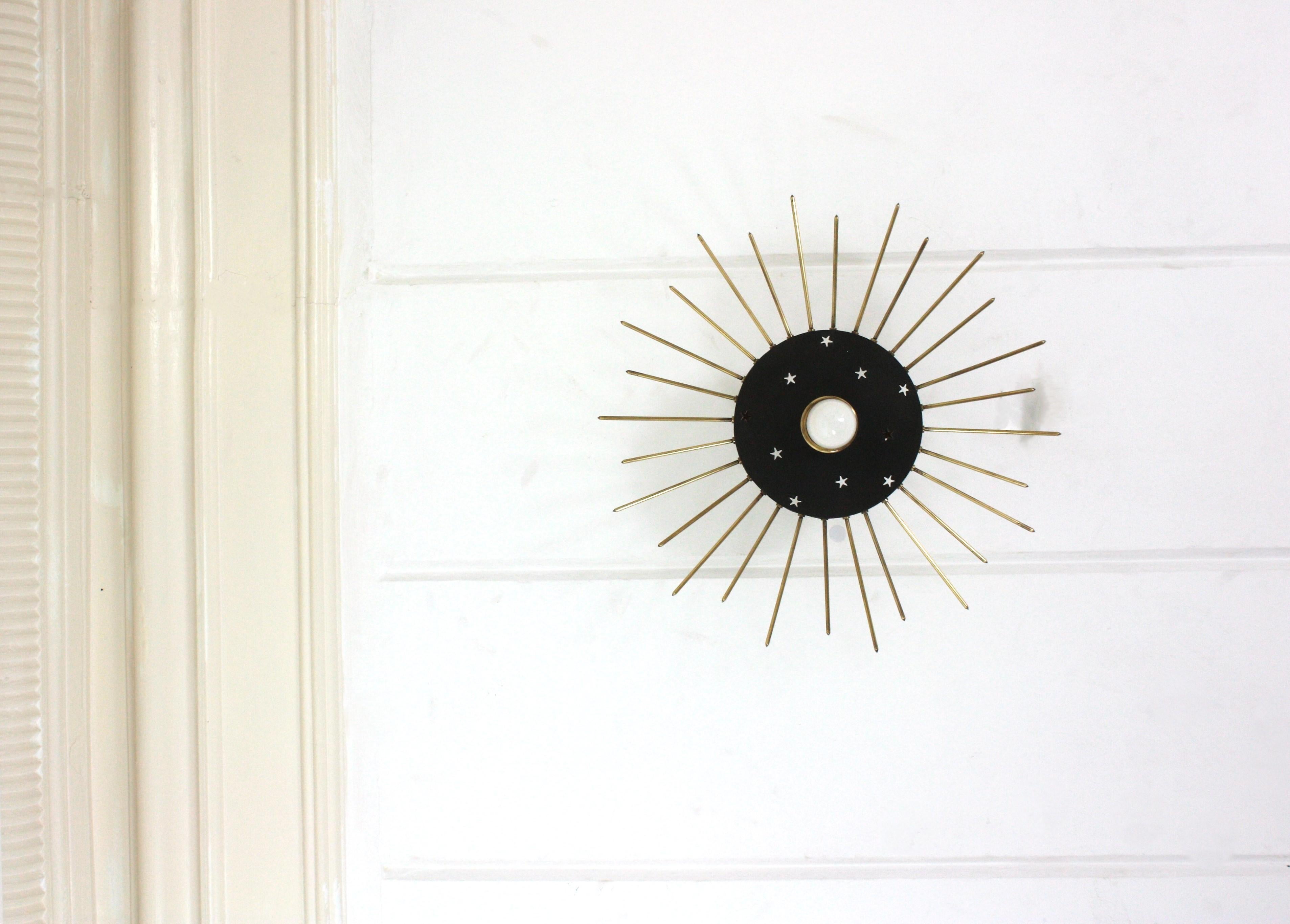 Sunburst Ceiling Light Fixture in Black Metal & Brass with Stars Details, 1950 For Sale 4