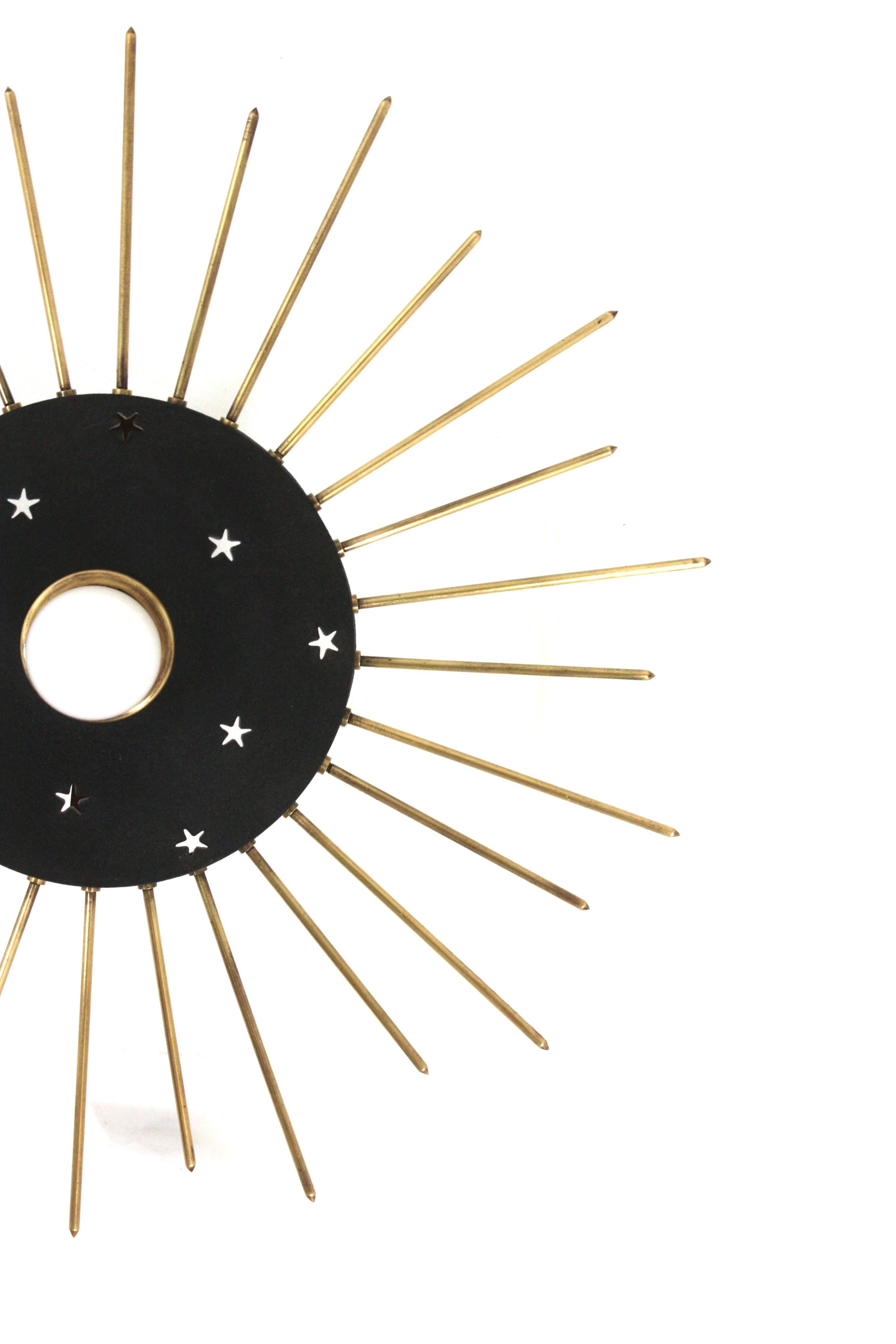 Sunburst Ceiling Light Fixture in Black Metal & Brass with Stars Details, 1950 For Sale 5