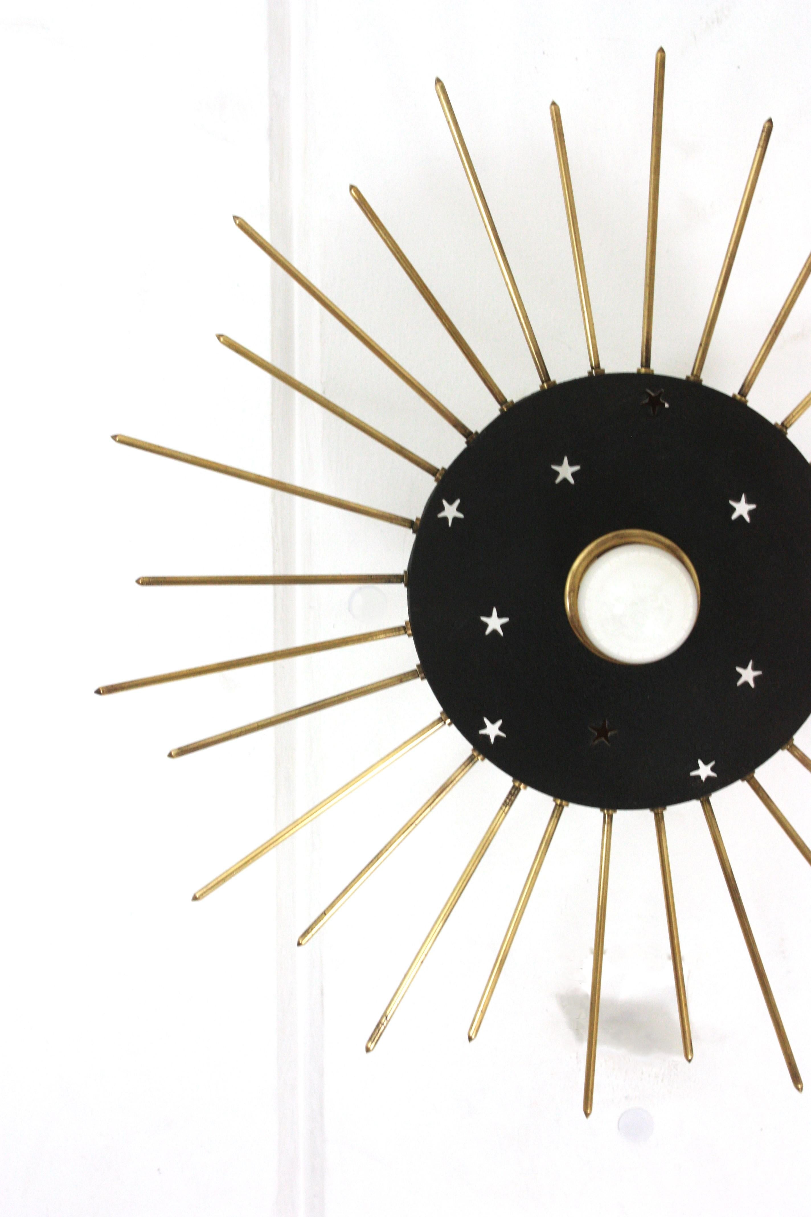 Sunburst Ceiling Light Fixture in Black Metal & Brass with Stars Details, 1950 For Sale 6