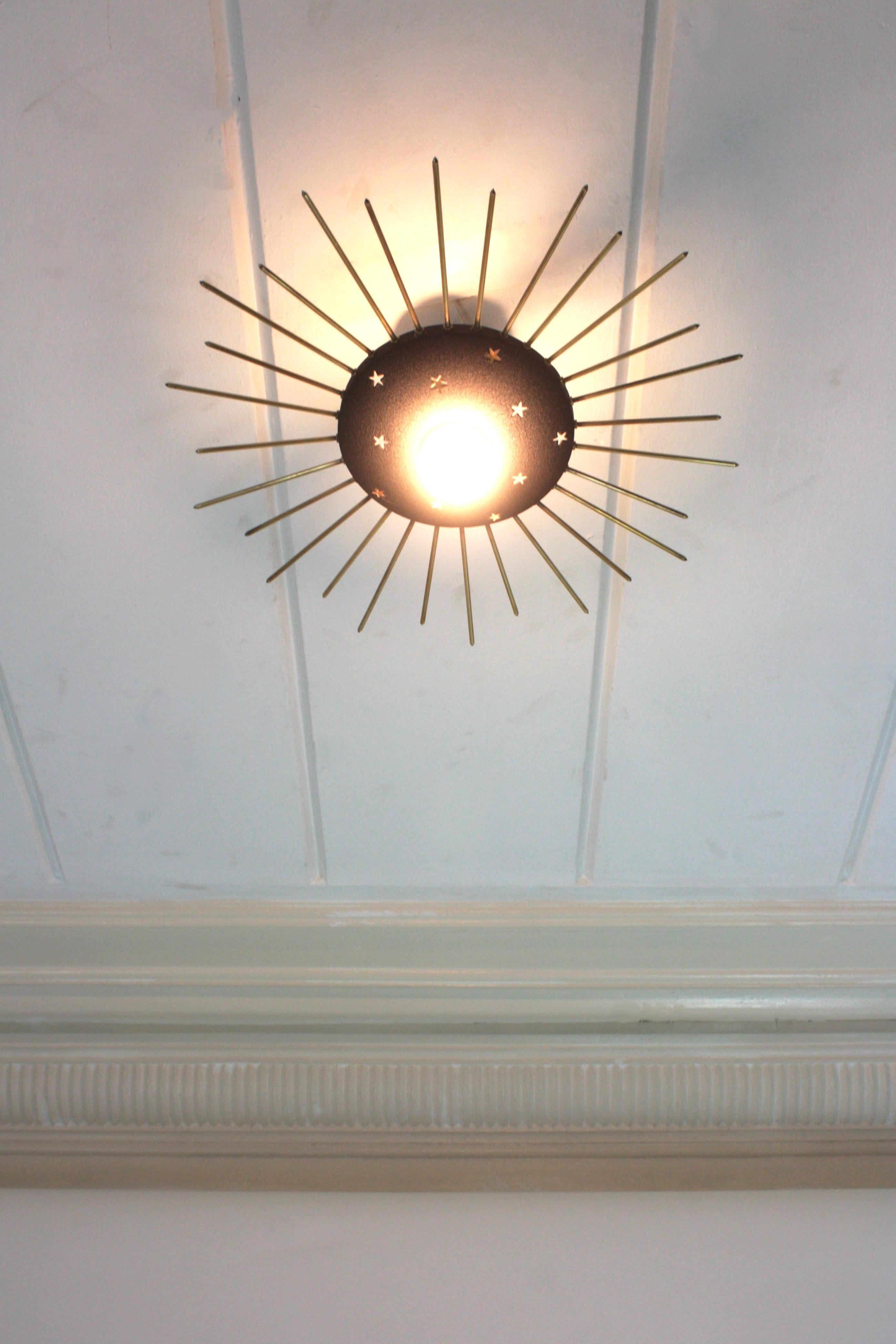 Sunburst Ceiling Light Fixture in Black Metal & Brass with Stars Details, 1950 For Sale 7