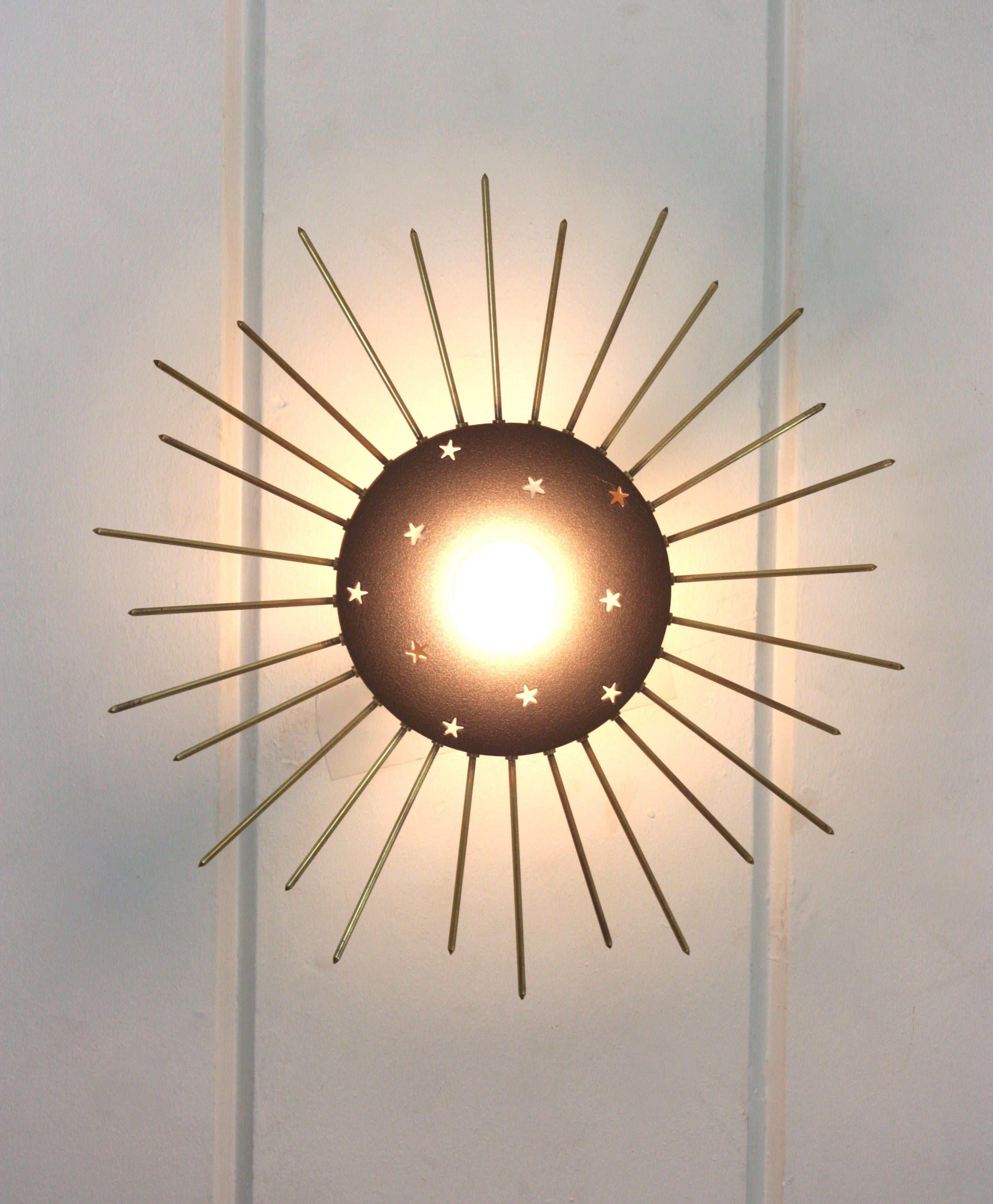 Sunburst Ceiling Light Fixture in Black Metal & Brass with Stars Details, 1950 For Sale 8