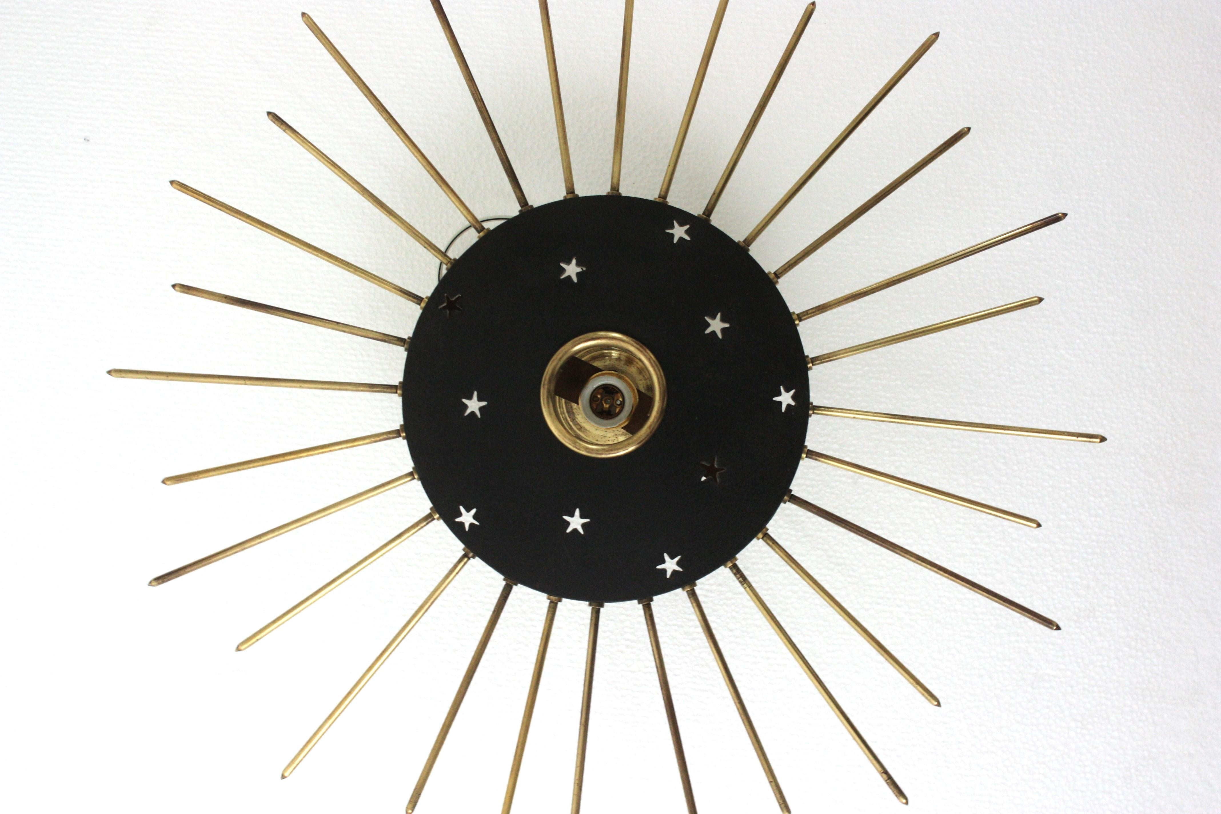 Sunburst Ceiling Light Fixture in Black Metal & Brass with Stars Details, 1950 For Sale 9