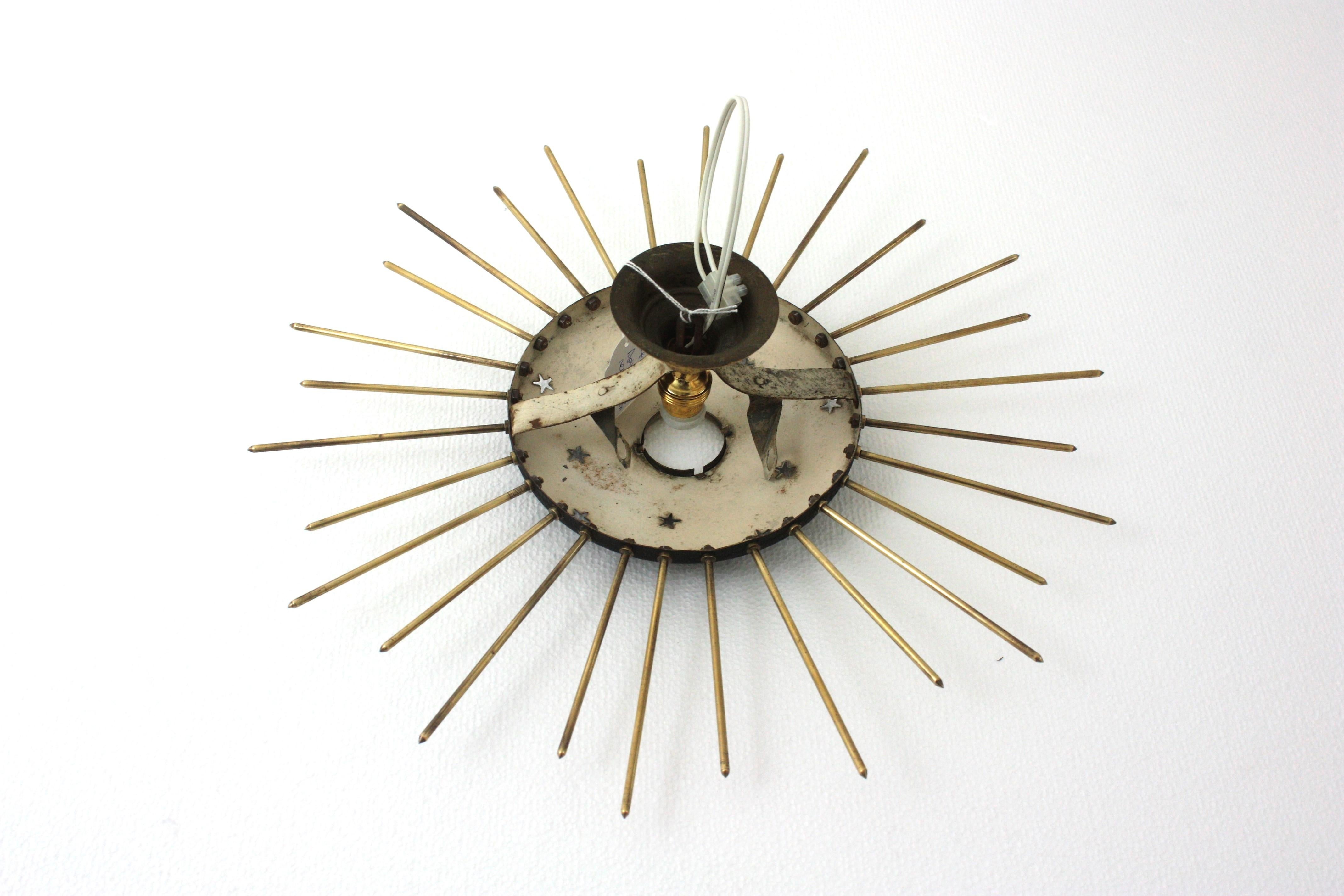 Sunburst Ceiling Light Fixture in Black Metal & Brass with Stars Details, 1950 For Sale 10