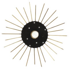 Sunburst Ceiling Light Fixture in Black Metal & Brass with Stars Details, 1950
