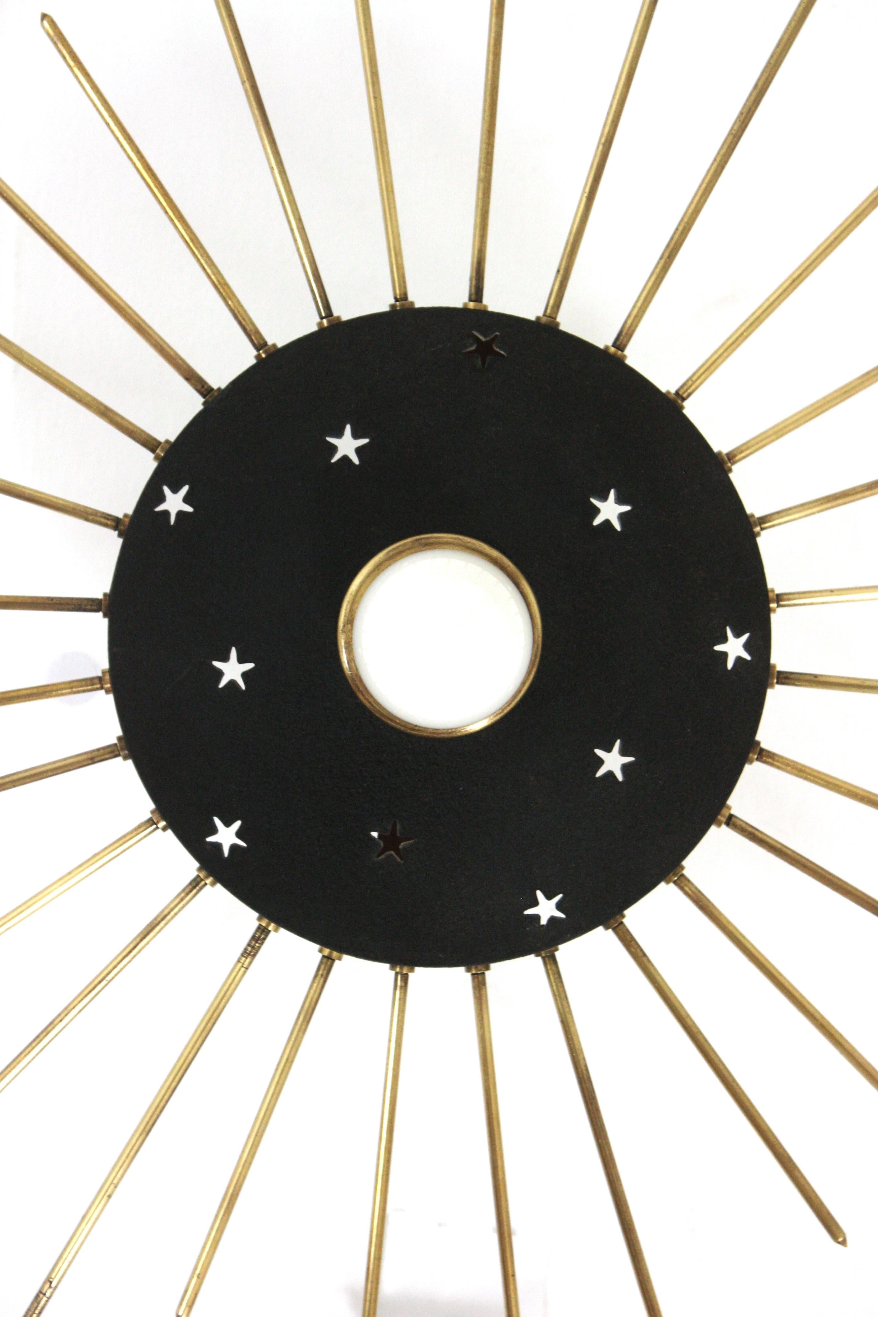 Hand-Crafted Sunburst Ceiling Light Fixture in Black Metal & Brass with Stars Details, 1950 For Sale