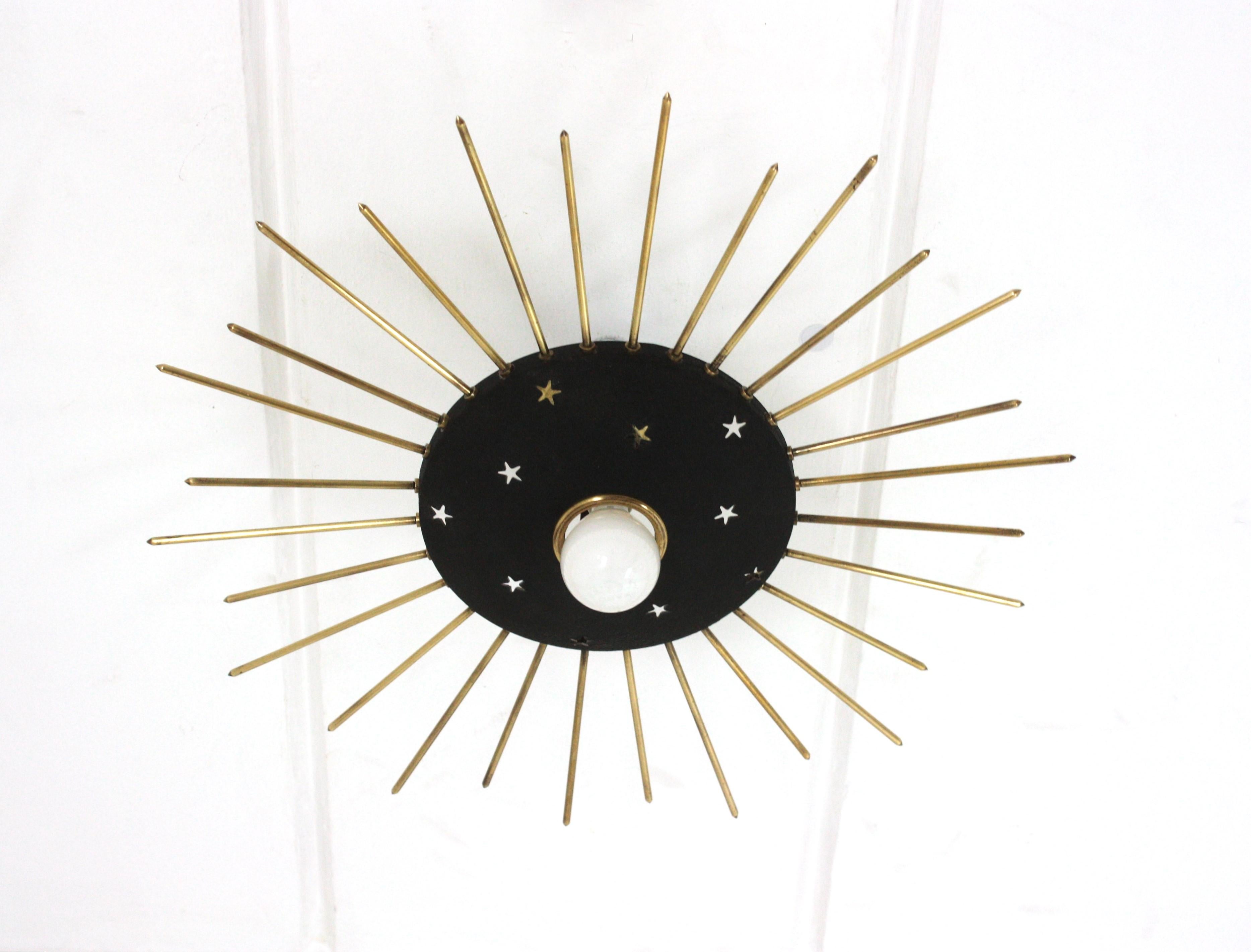 20th Century Sunburst Ceiling Light Fixture in Black Metal & Brass with Stars Details, 1950 For Sale