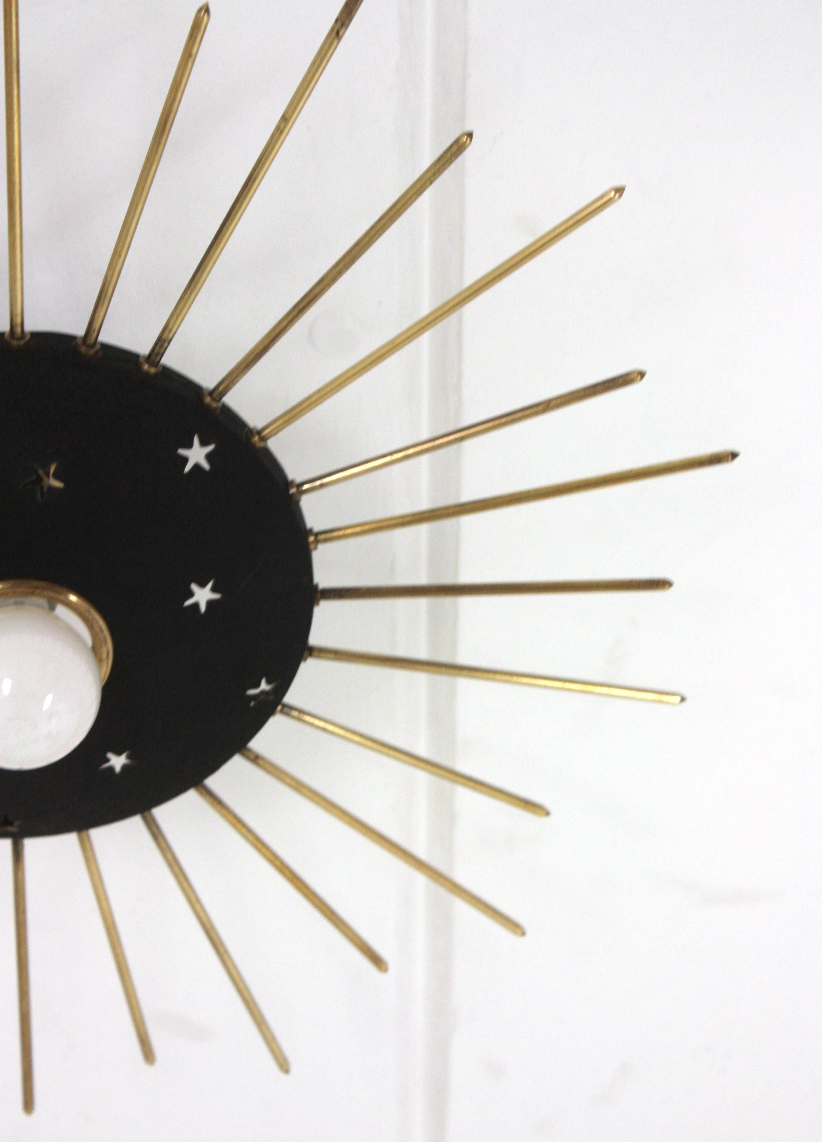 Sunburst Ceiling Light Fixture in Black Metal & Brass with Stars Details, 1950 For Sale 2